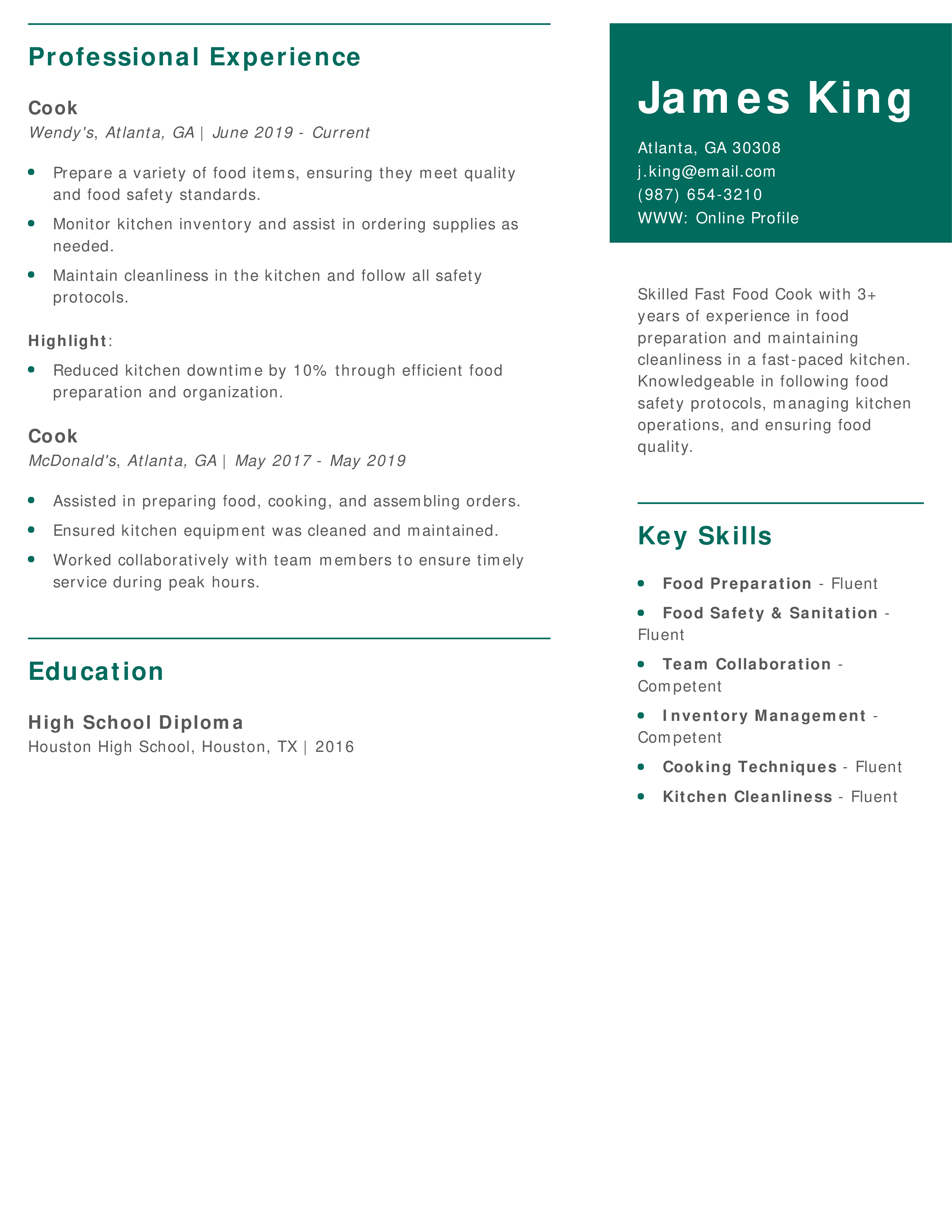 Fast Food Cook Resume