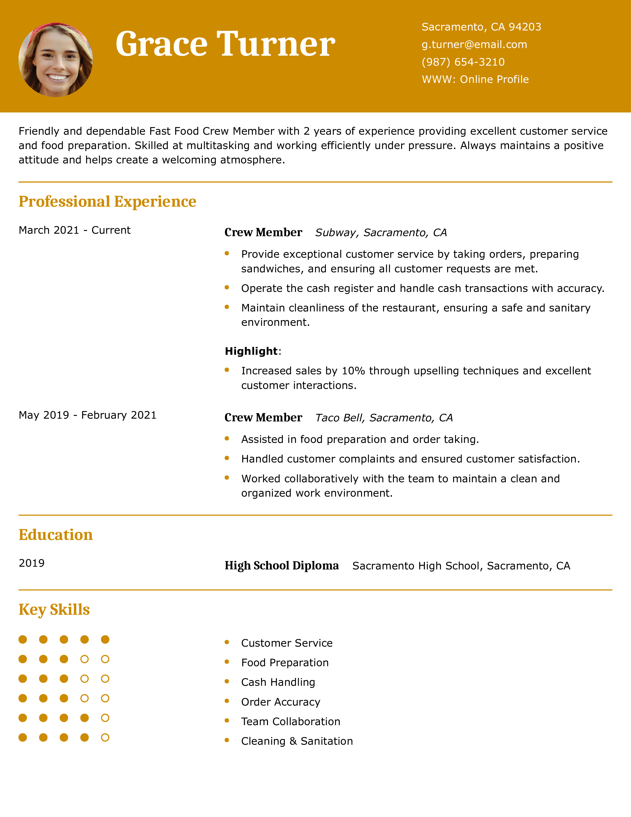 Fast Food Crew Member Resume