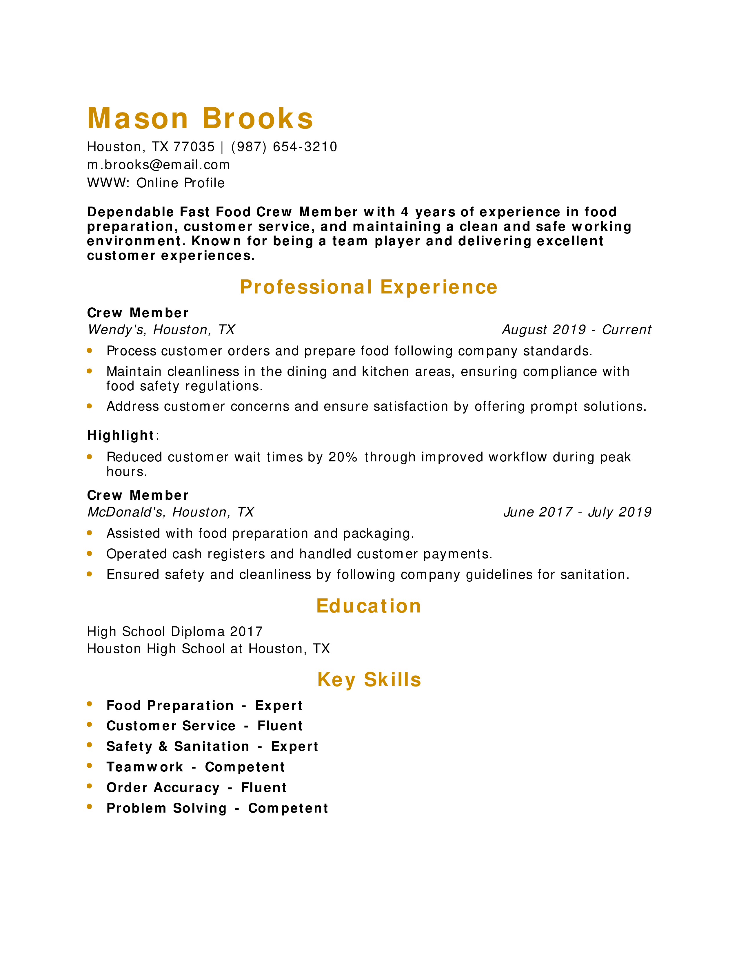 Fast Food Crew Member Resume