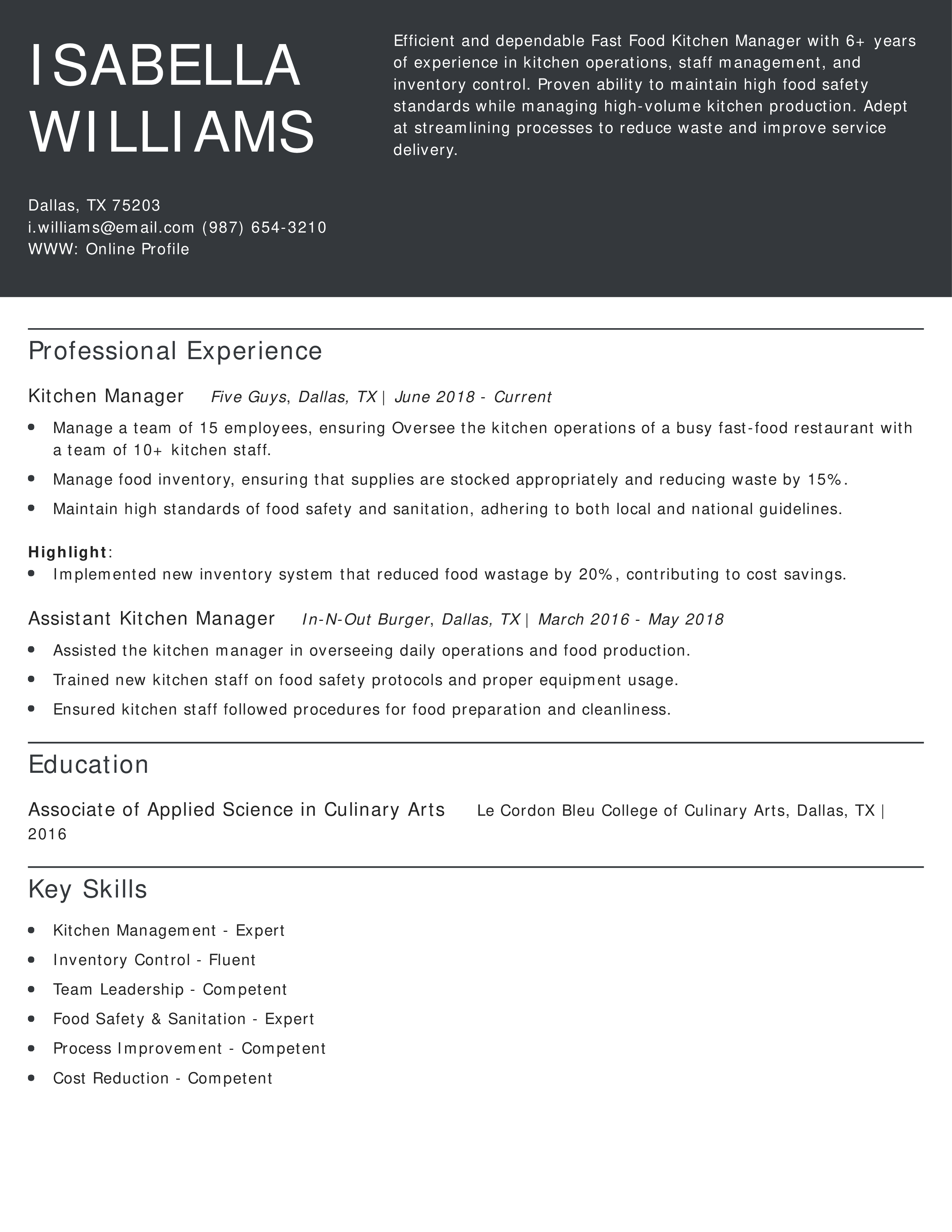 Fast Food Kitchen Manager Resume