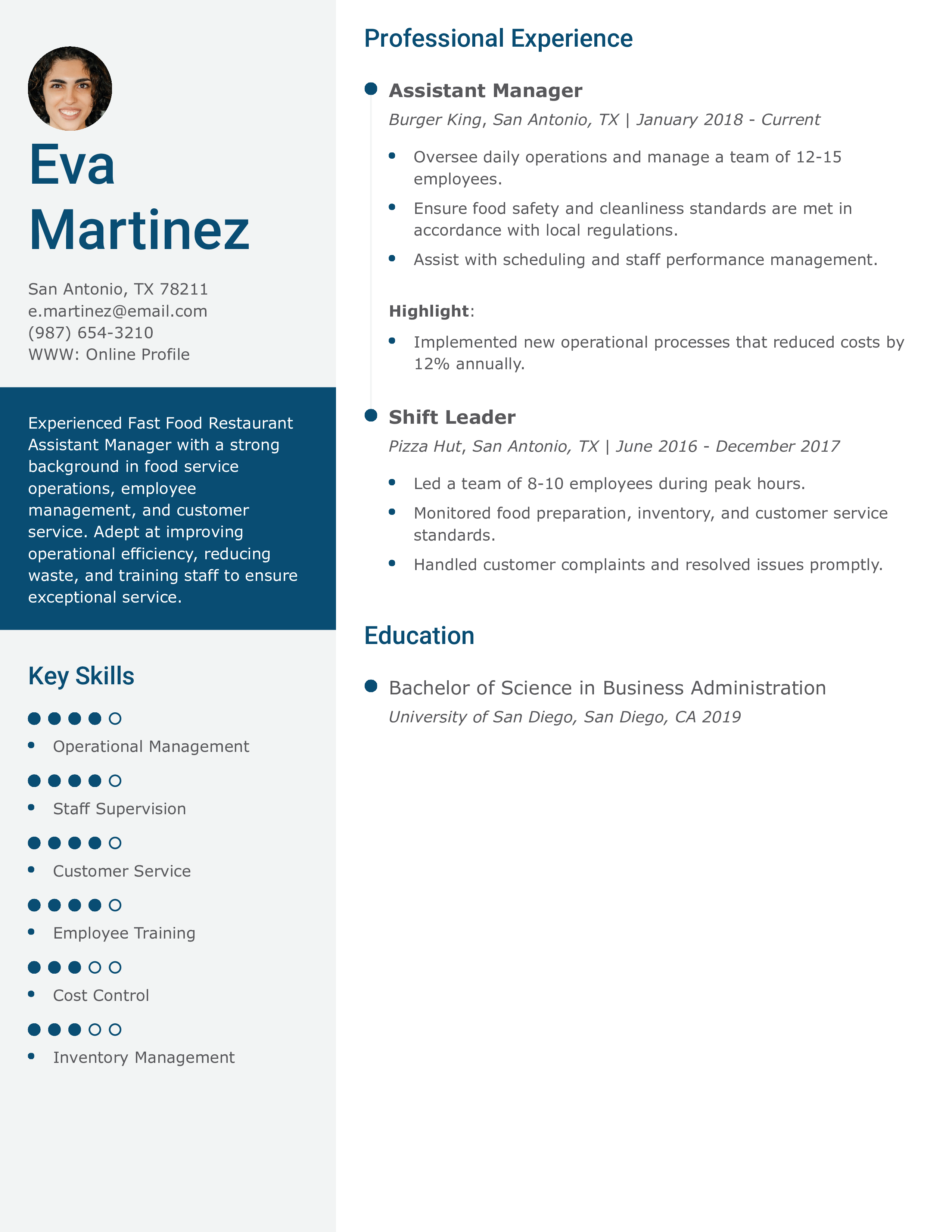 Fast Food Restaurant Assistant Manager Resume