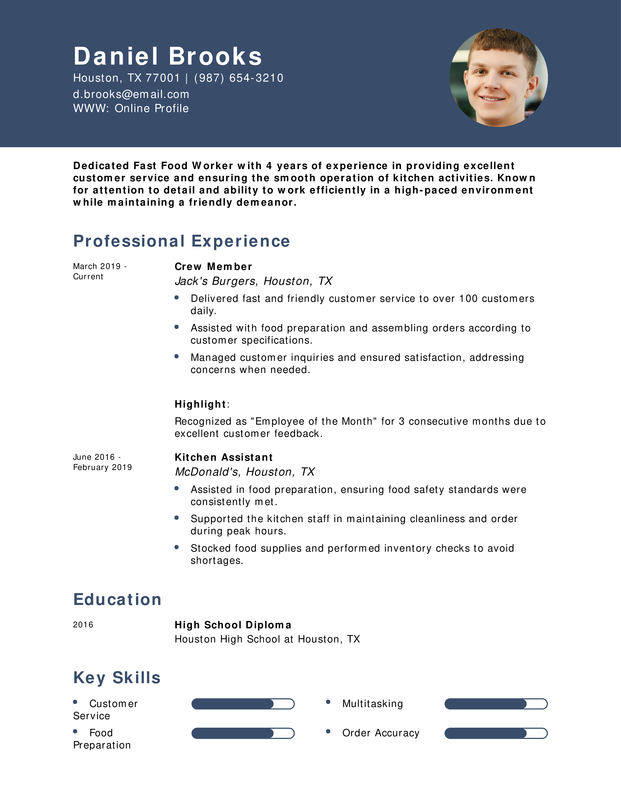 Fast Food Restaurant Crew Member Resume