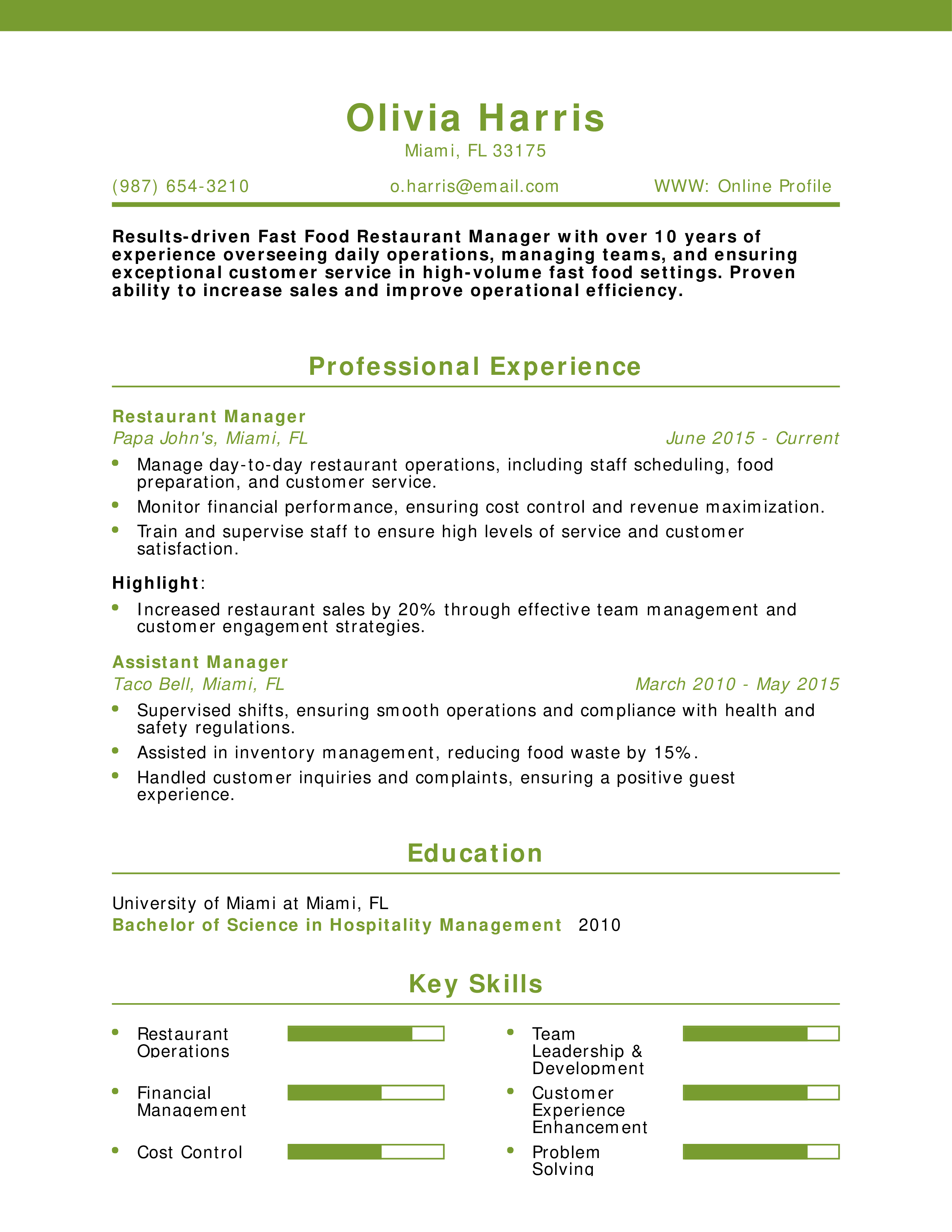Fast Food Restaurant Manager Resume