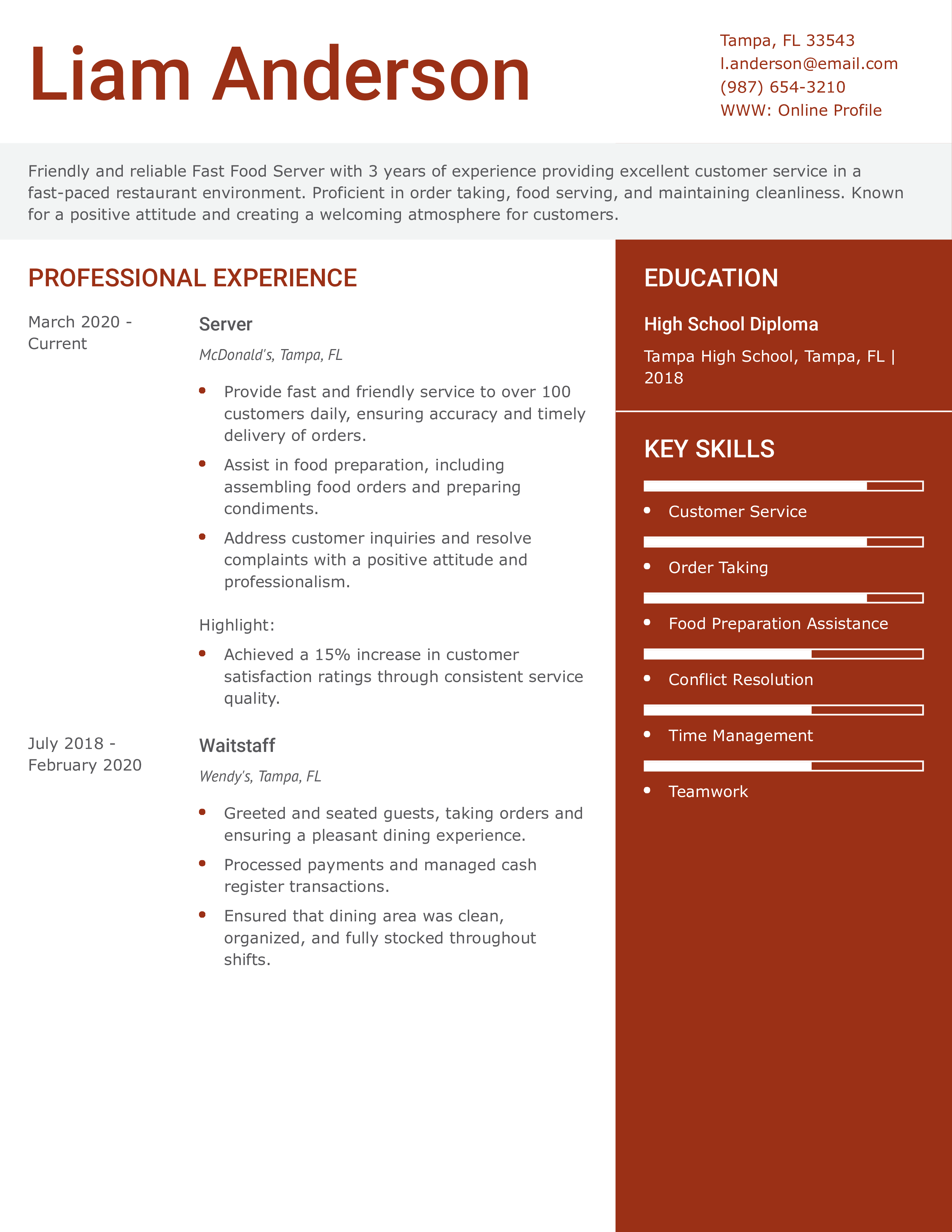 Fast Food Server Resume