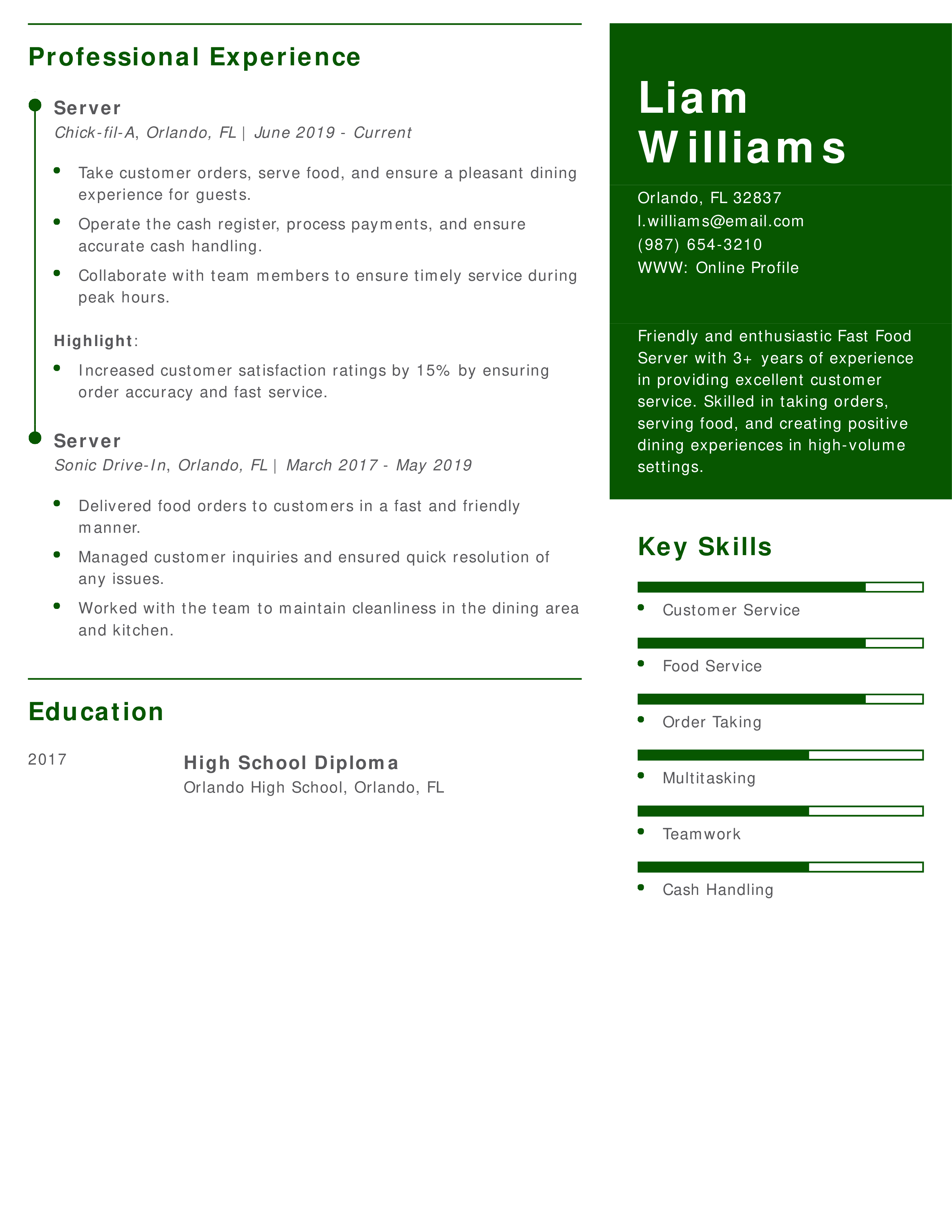 Fast Food Server Resume