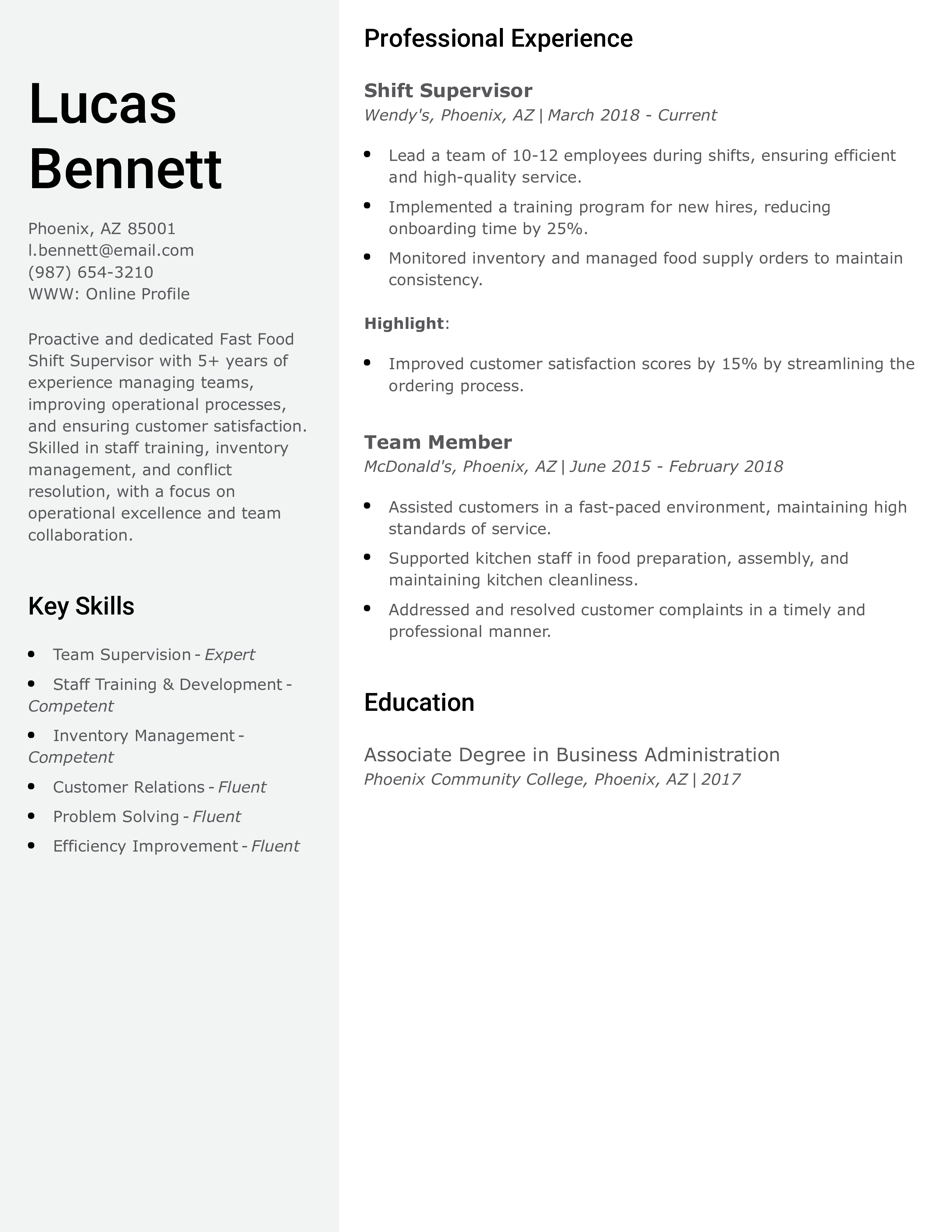 Fast Food Shift Supervisor Resume