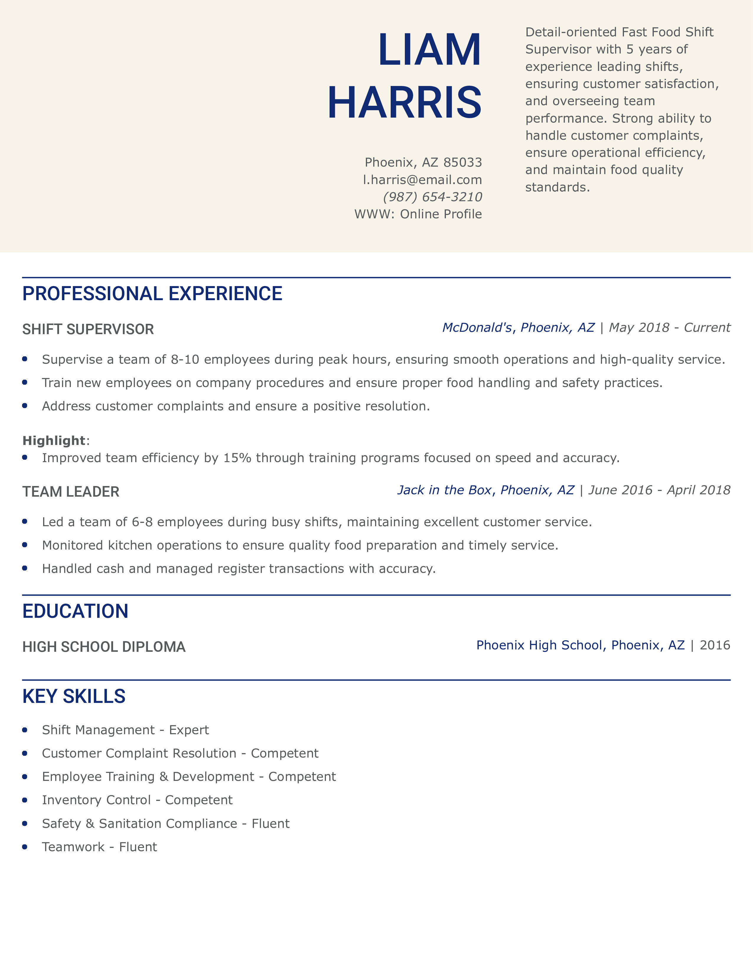 Fast Food Shift Supervisor Resume
