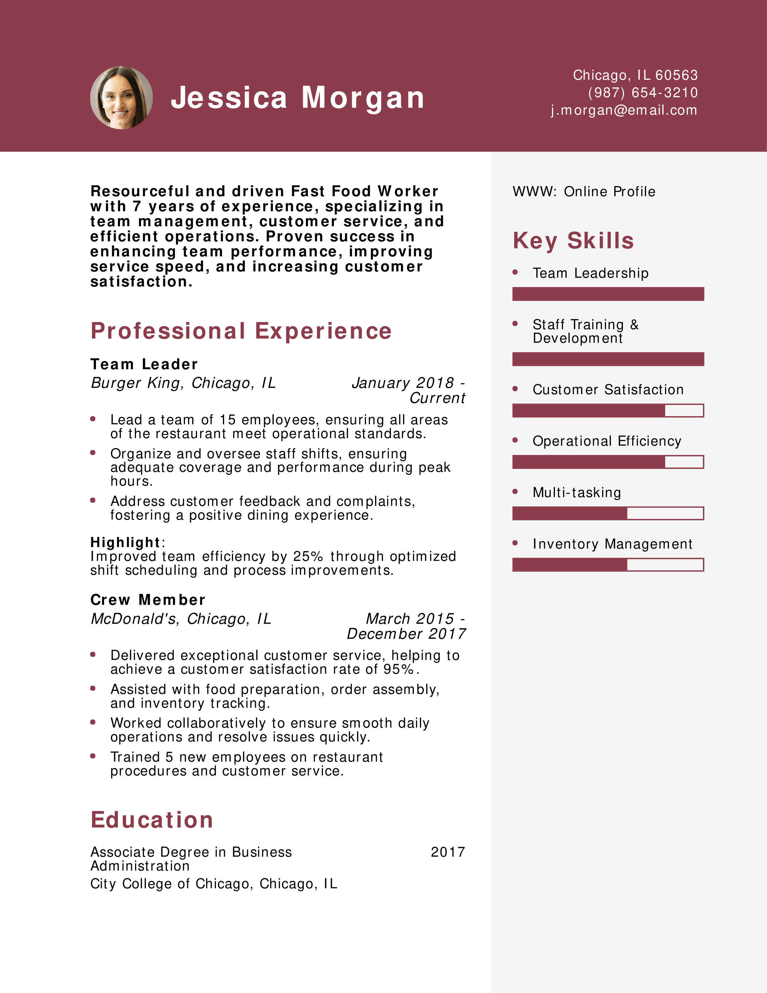 Fast Food Team Leader Resume