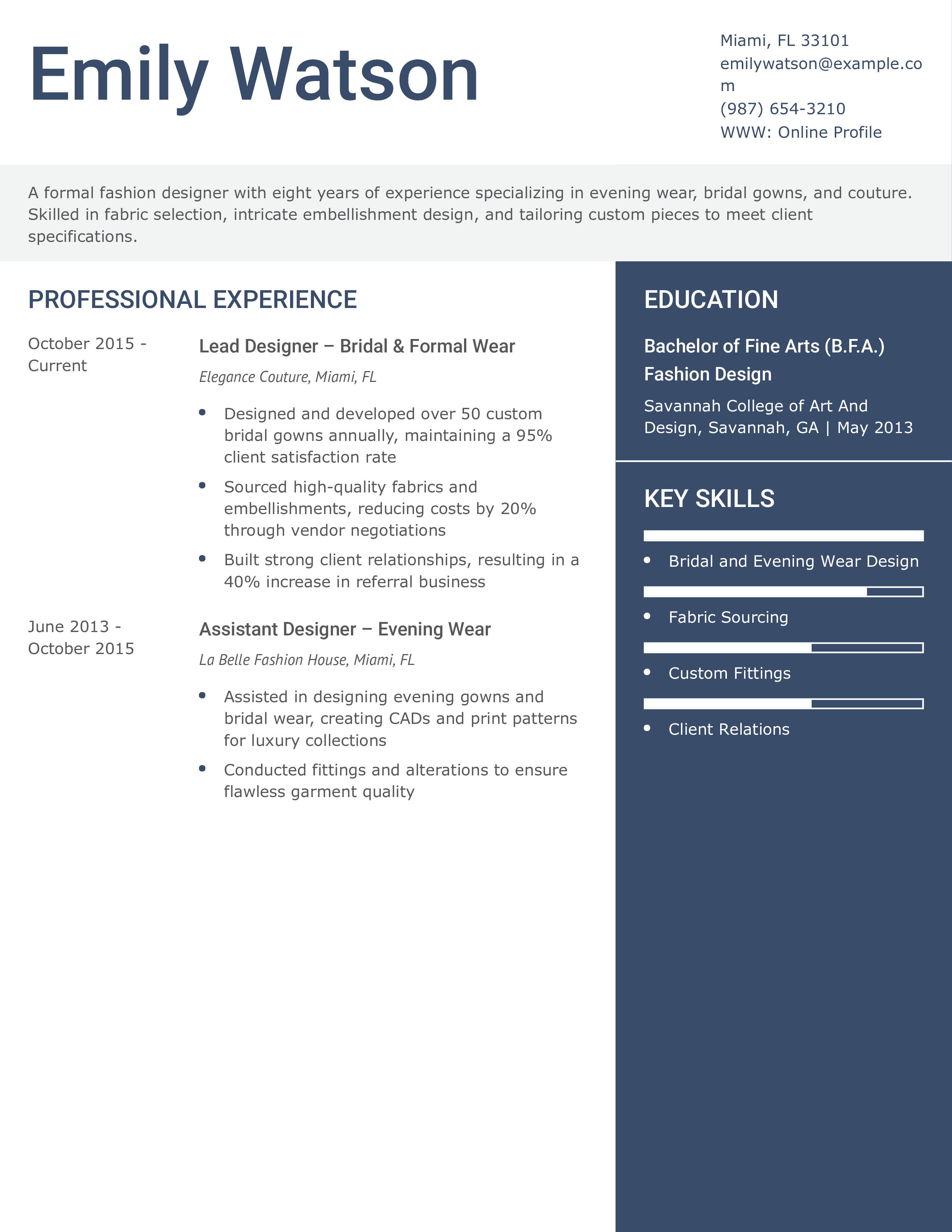 Formal Fashion Designer Resume Example