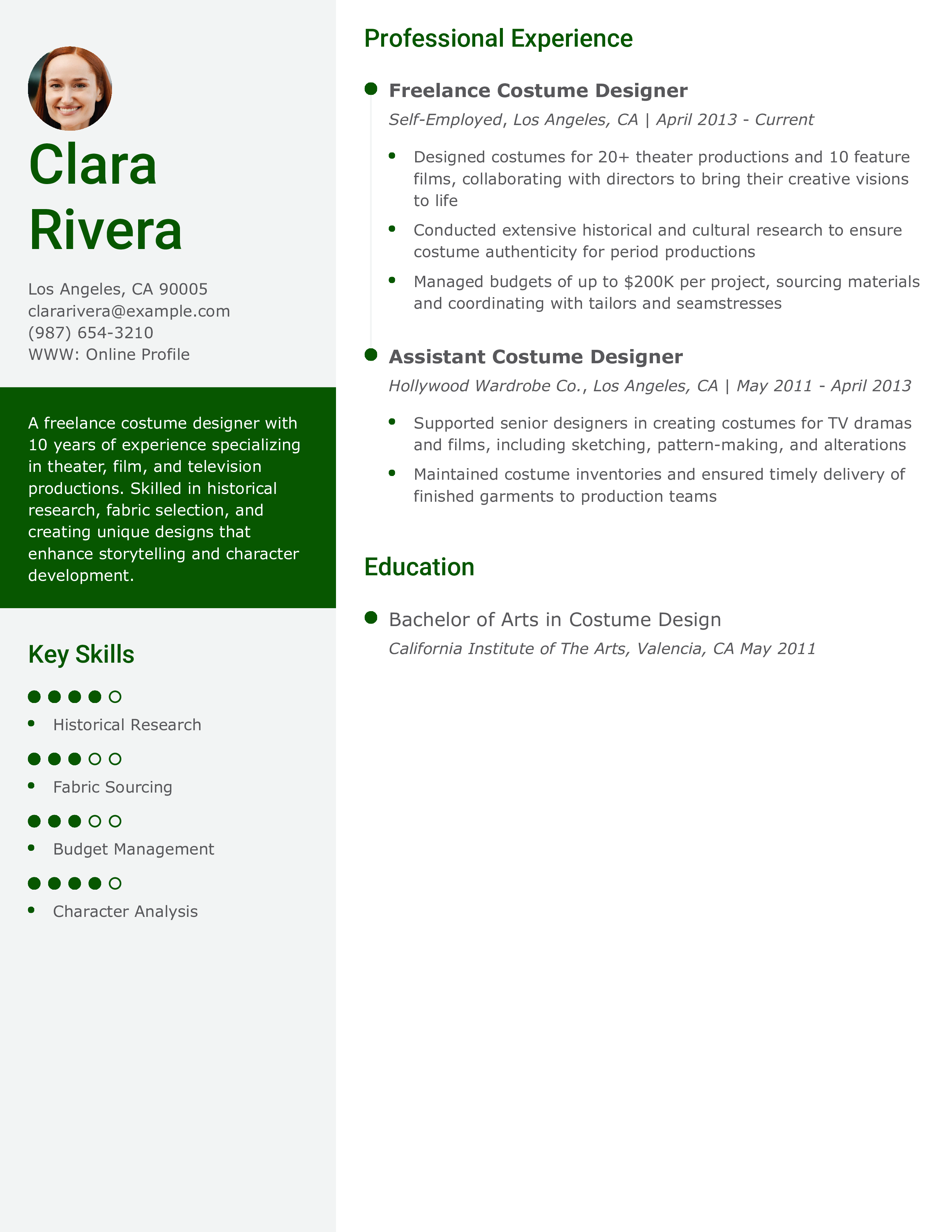 Freelance Costume Designer Resume Example