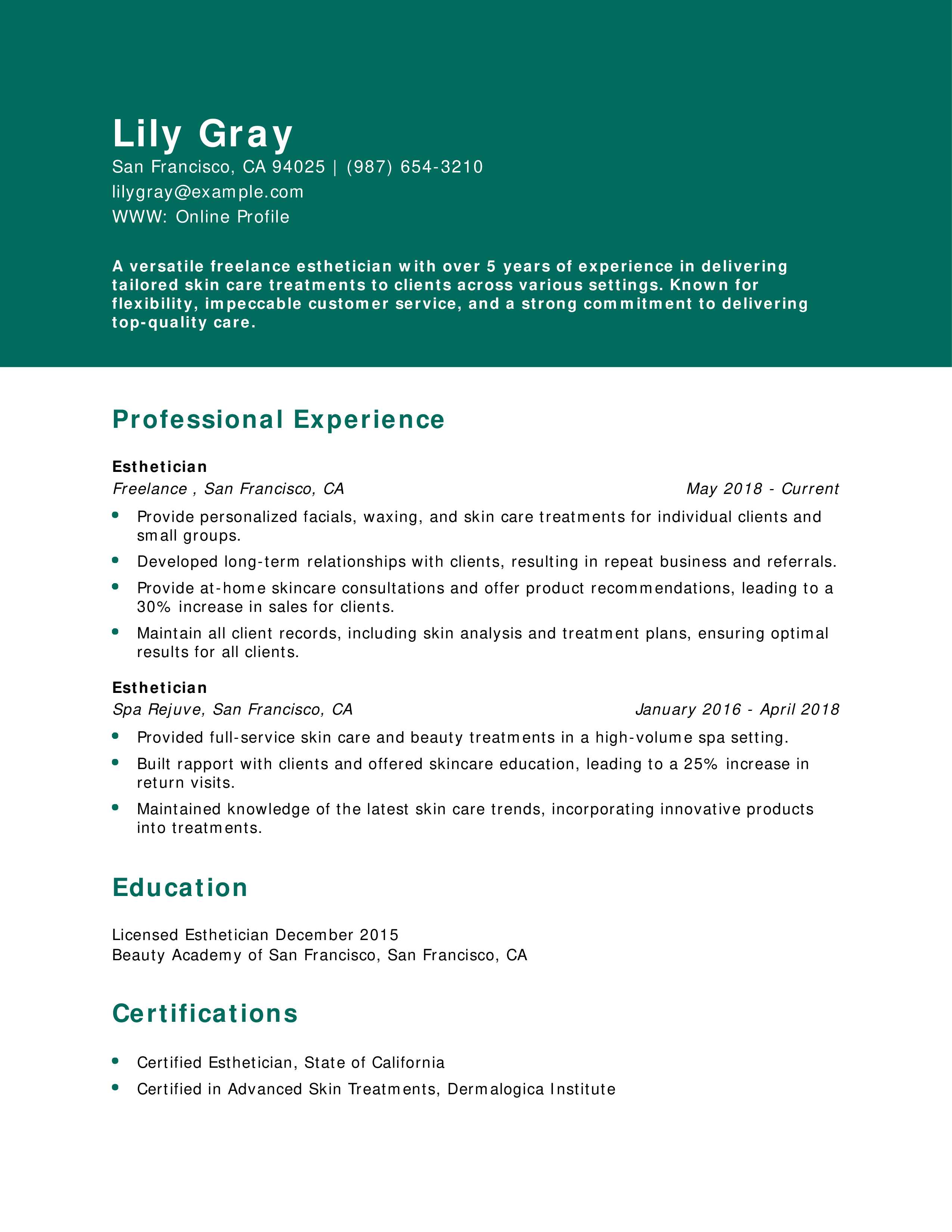 Freelance Esthetician Resume