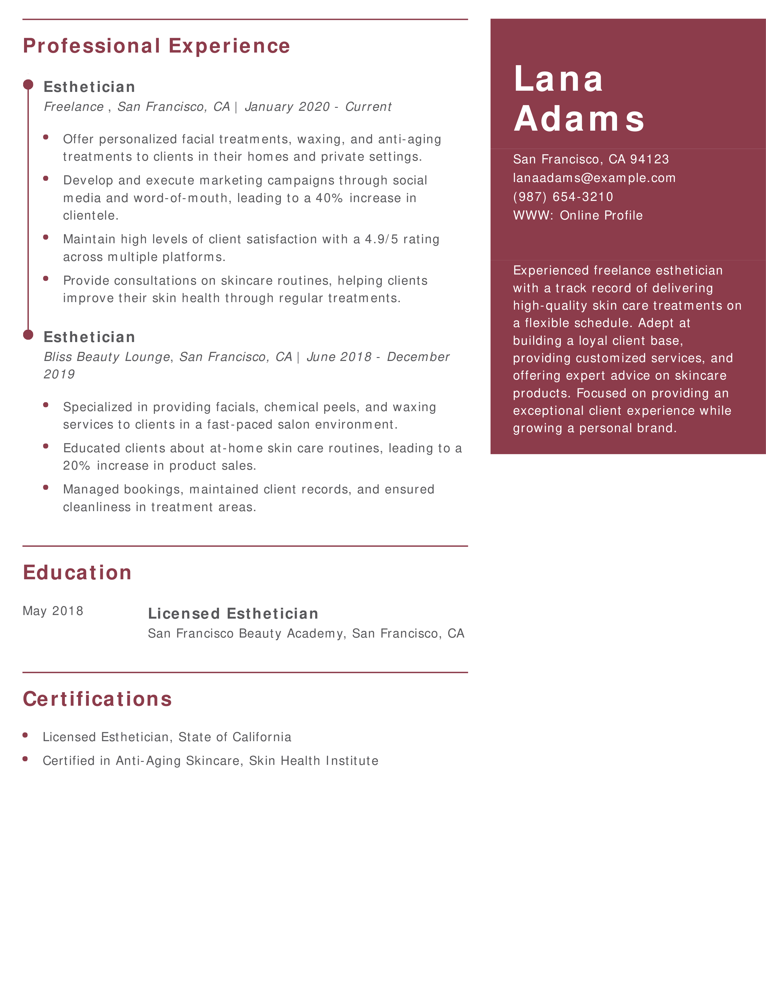 Freelance Esthetician Resume