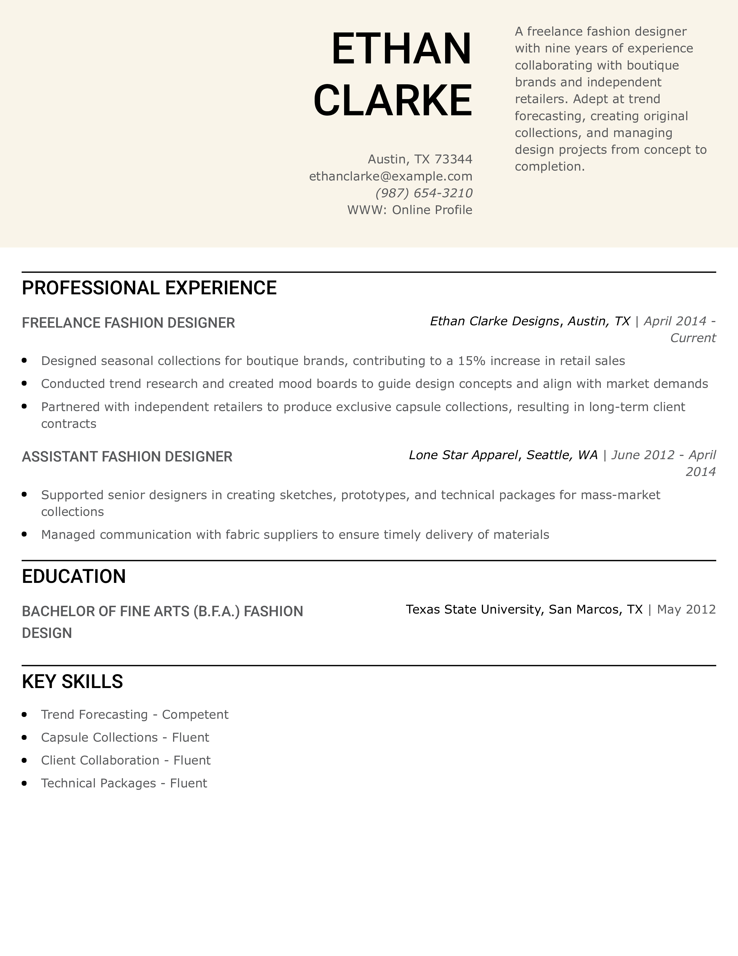 Freelance Fashion Designer Resume Example