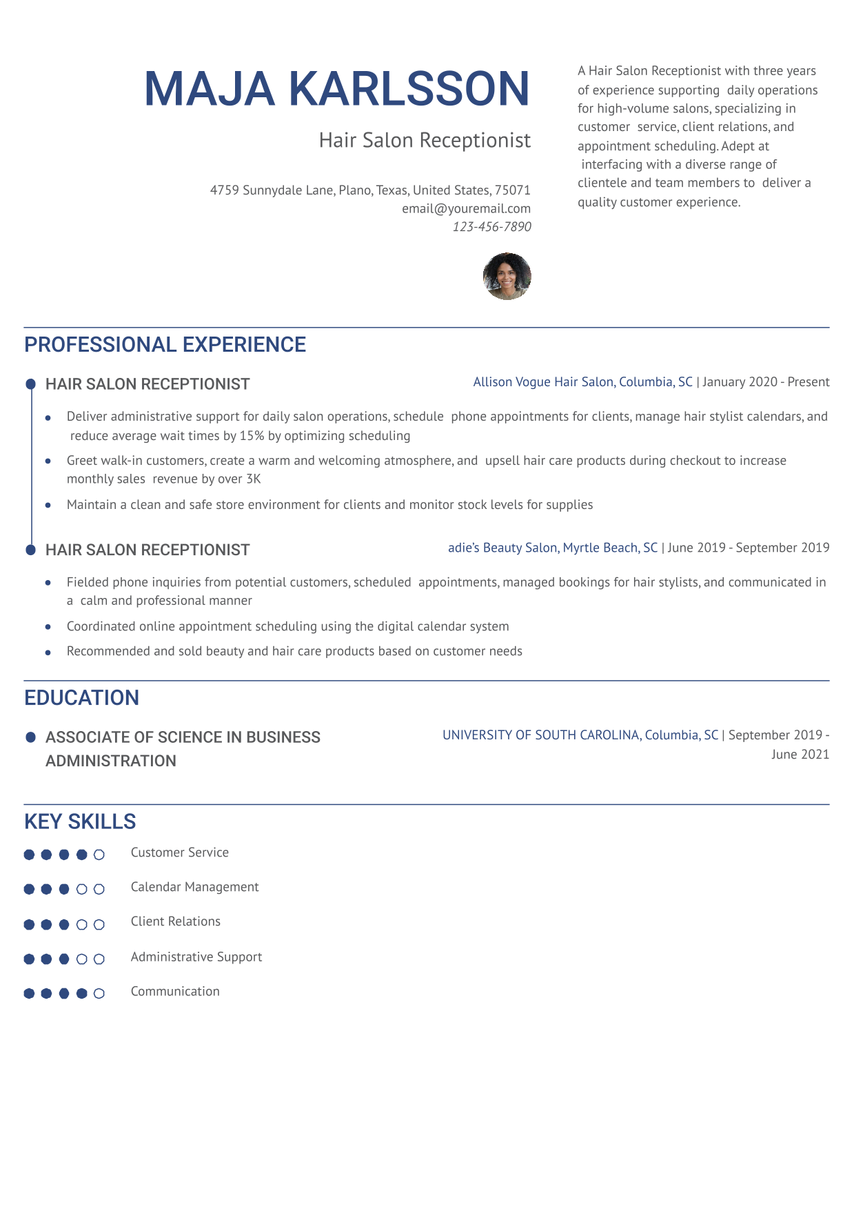 Hair Salon Receptionist Resume Example