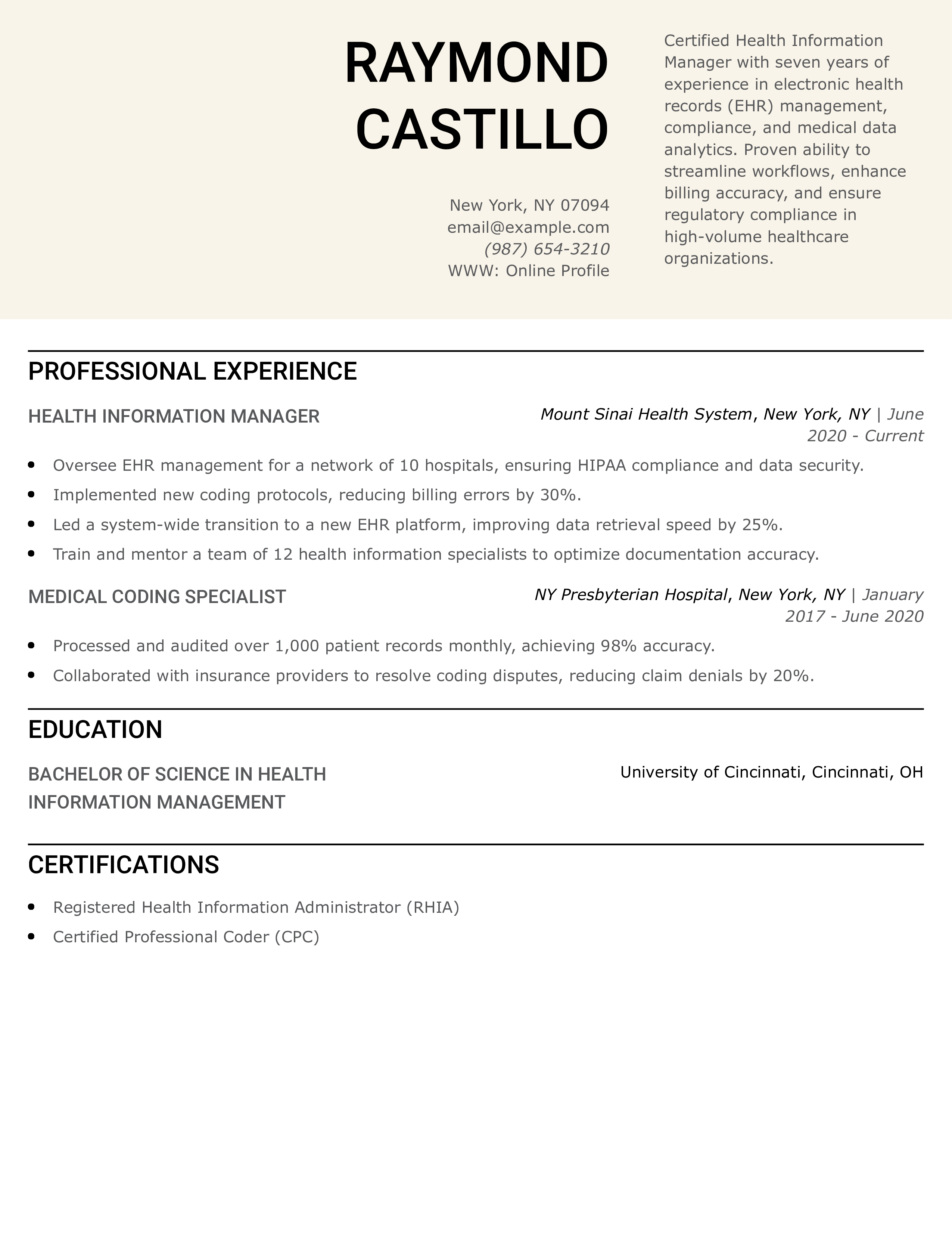 Health Information Manager Resume