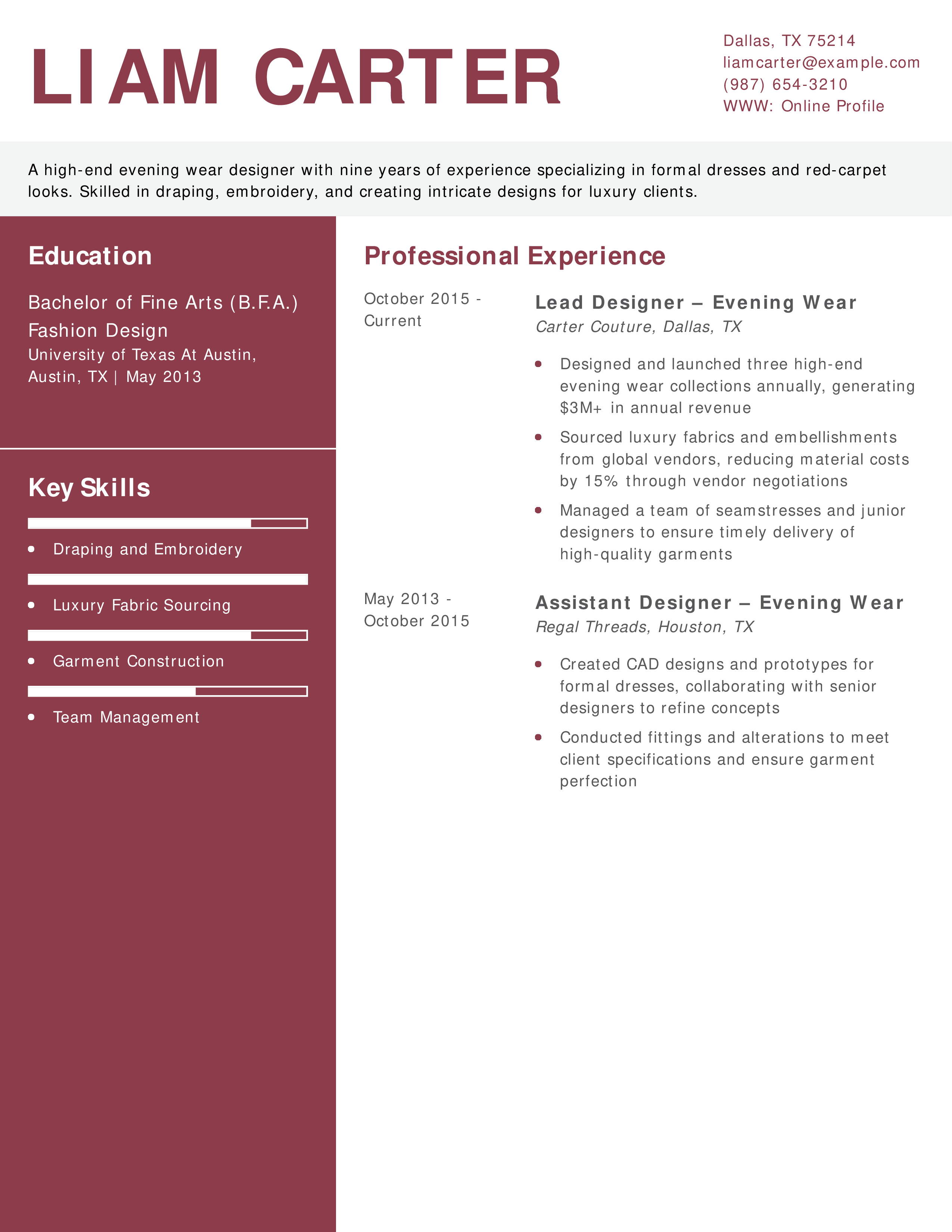 High-End Evening Wear Designer Resume Example