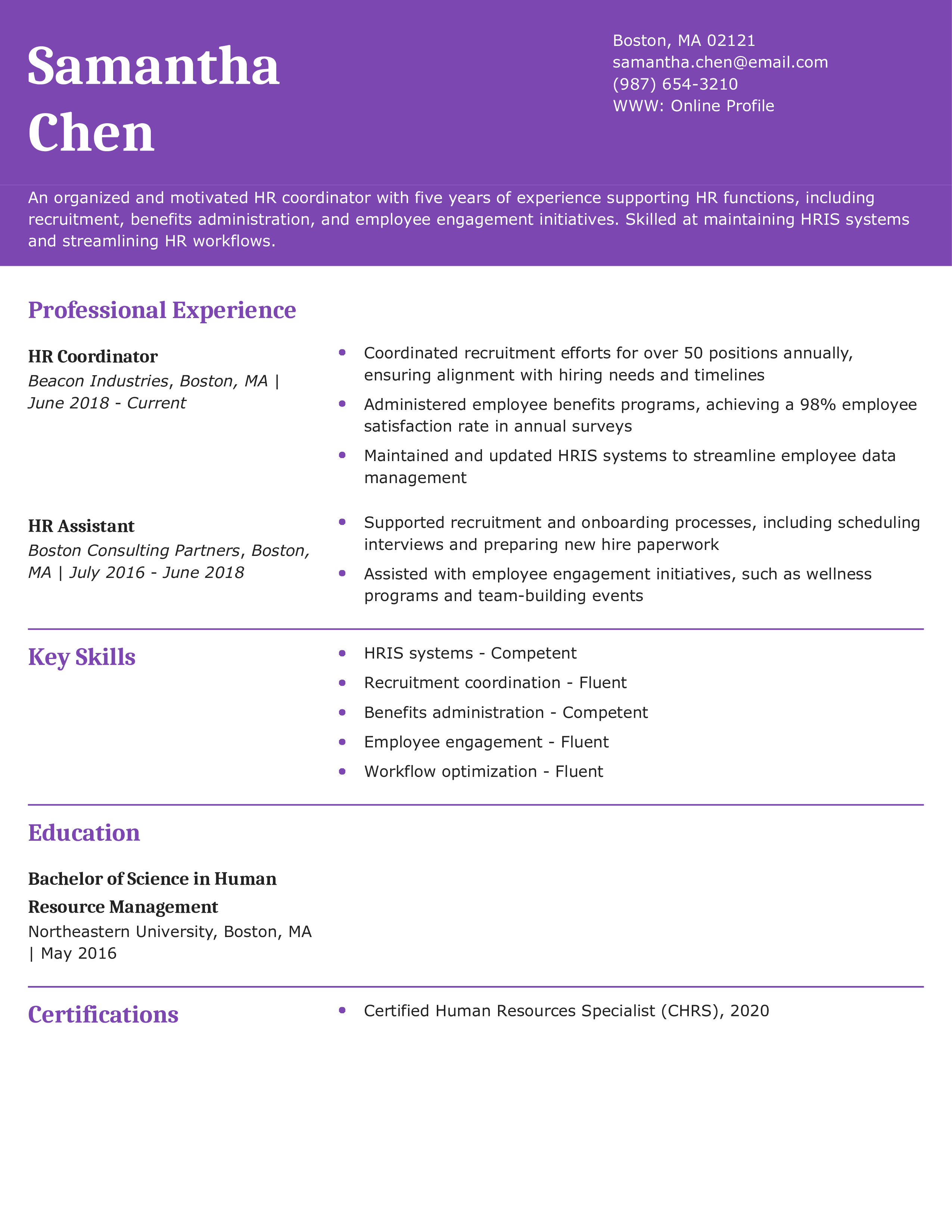 Human Resources (HR) Coordinator Resume