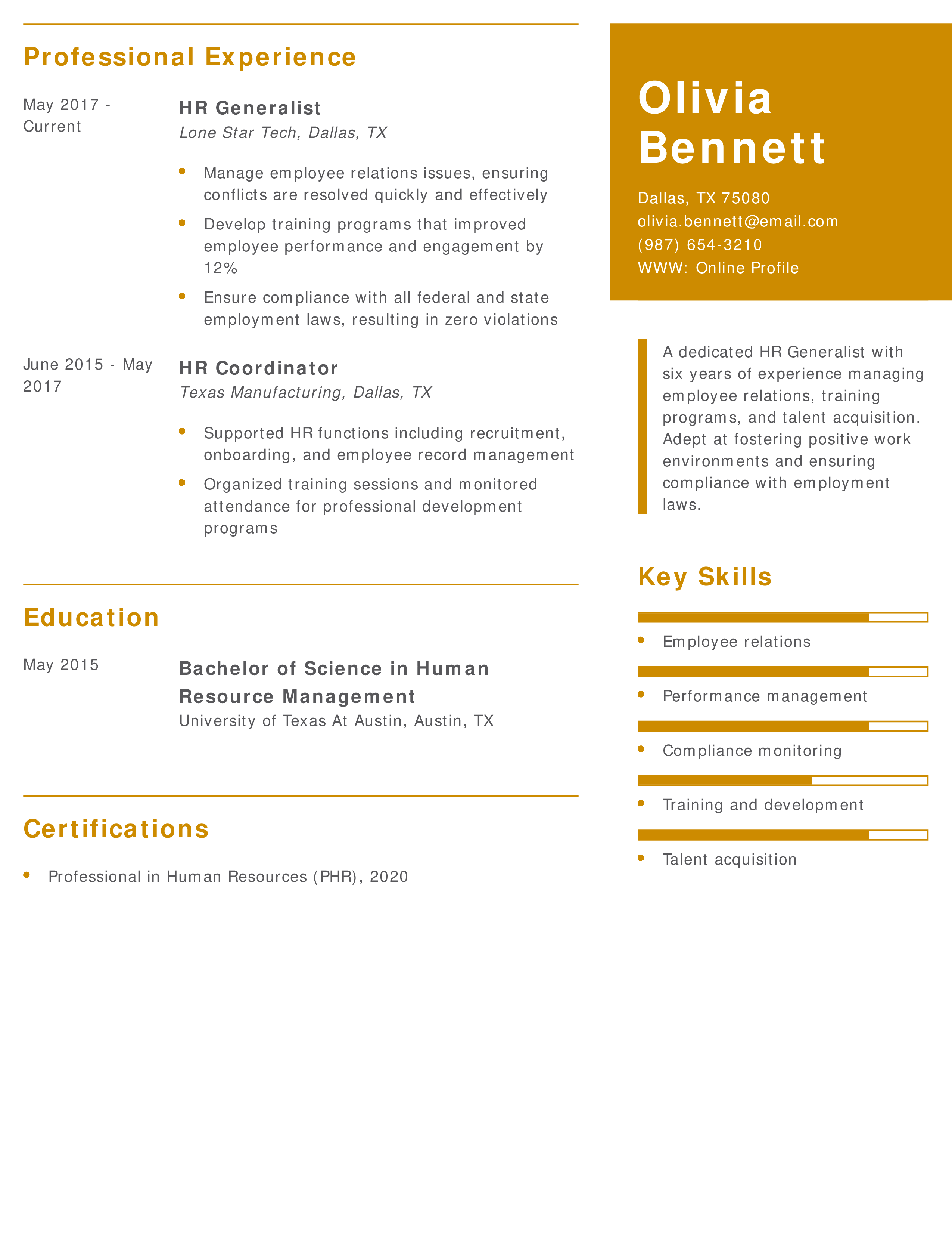 Human Resources Generalist Resume