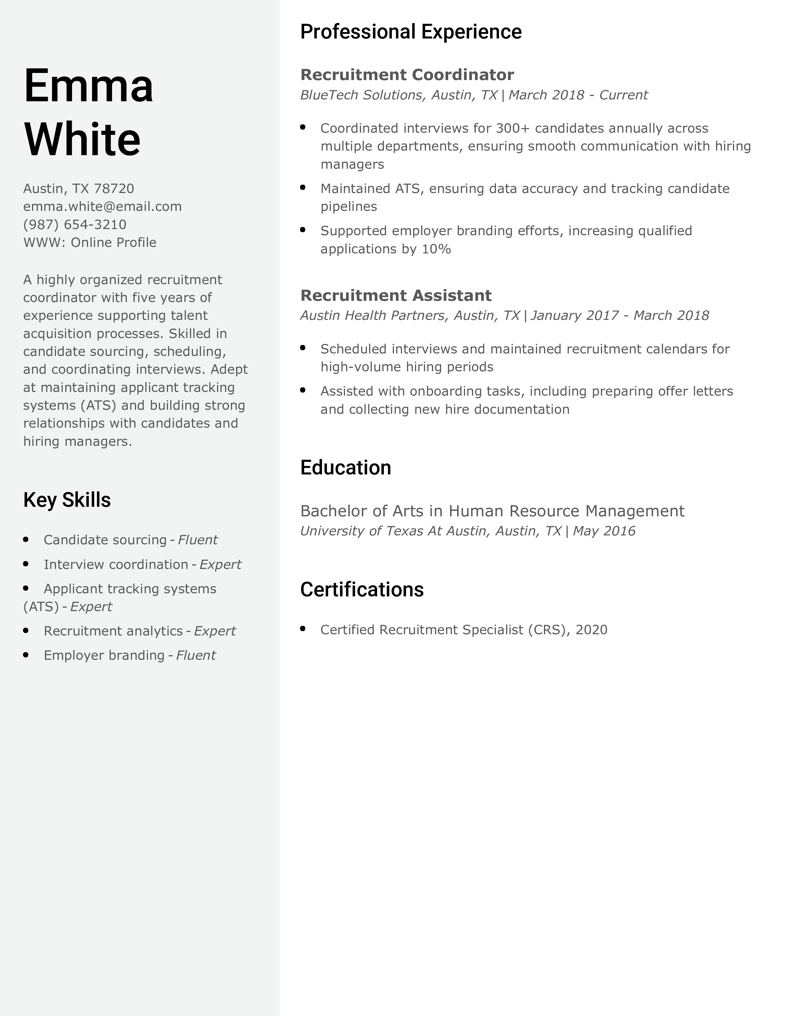 Human Resources Recruitment Coordinator Resume