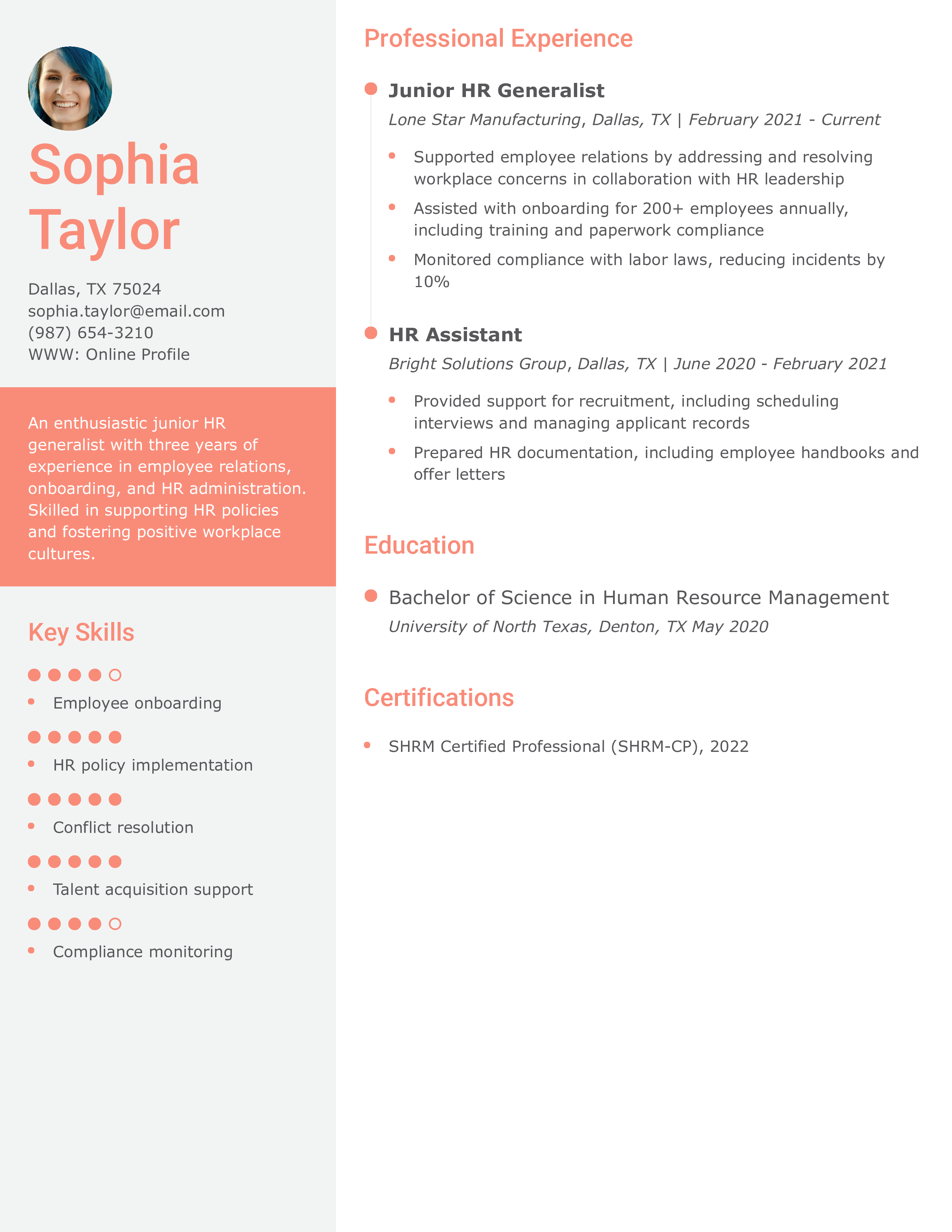 Junior HR Generalist Resume