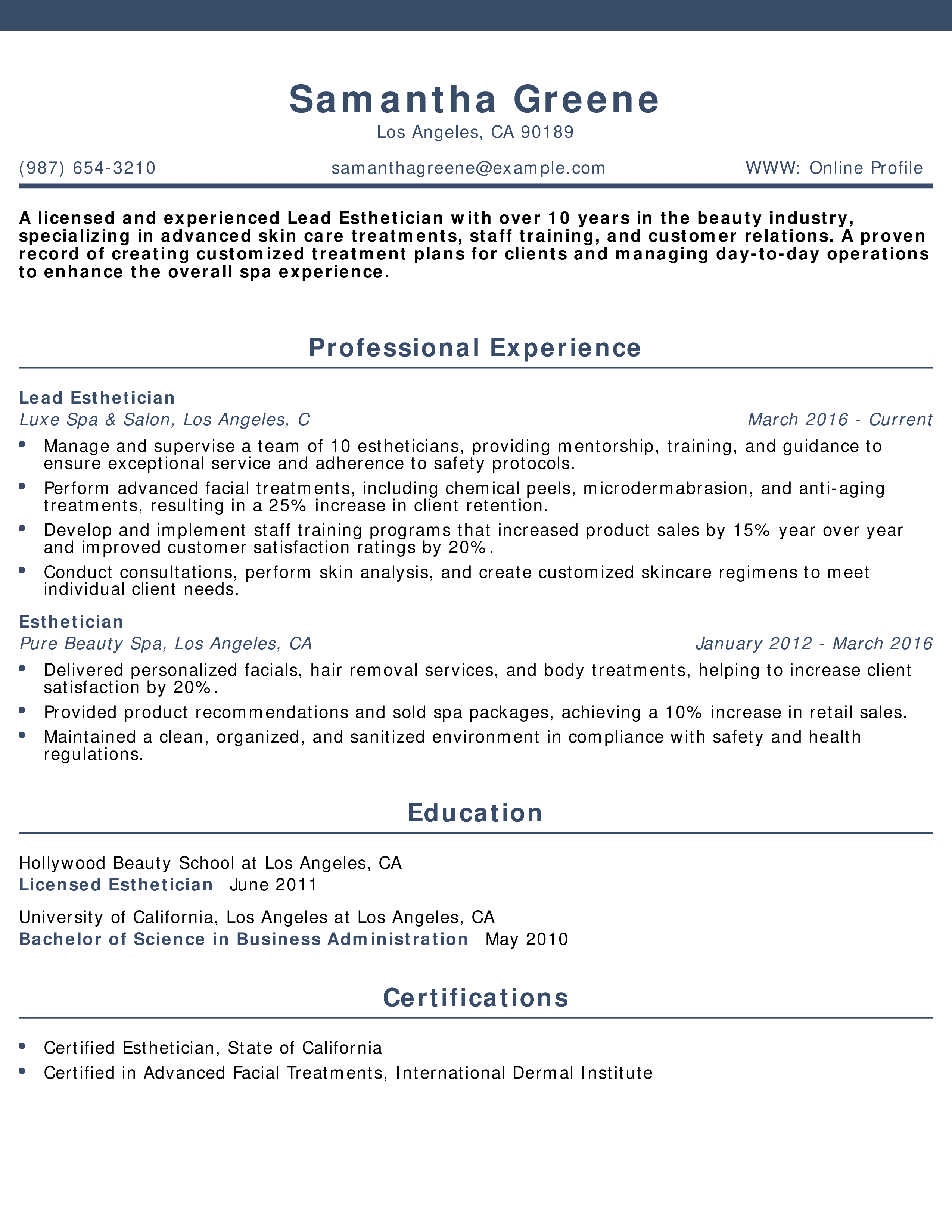 Lead Esthetician Resume