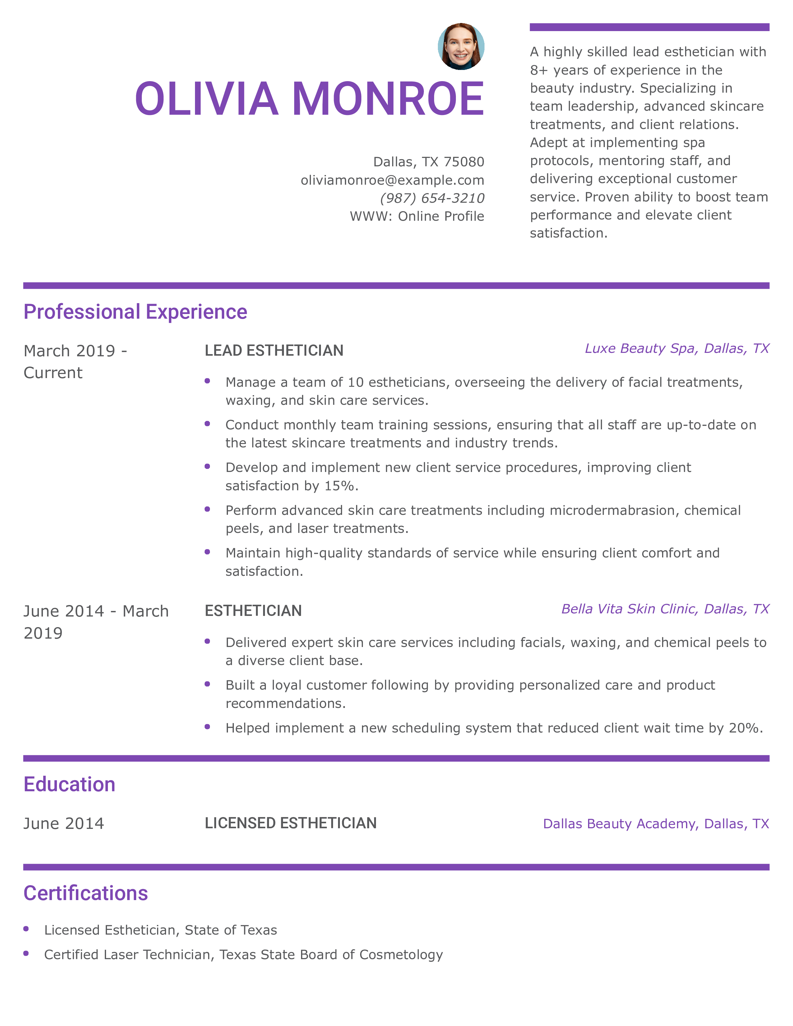 Lead Esthetician Resume