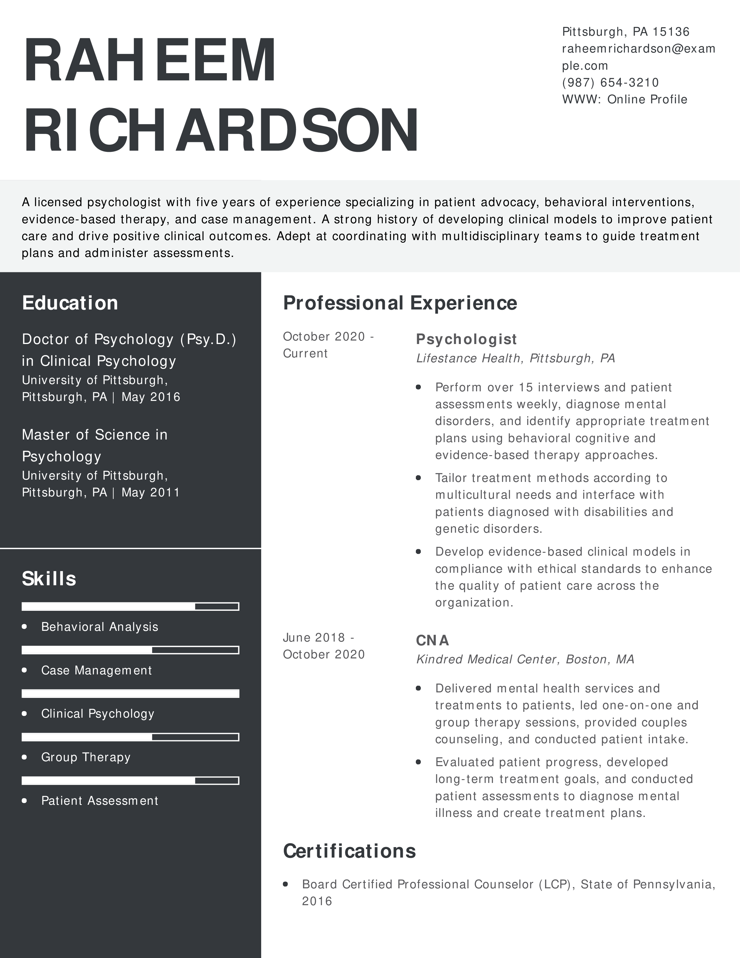 Licensed Psychologist Resume