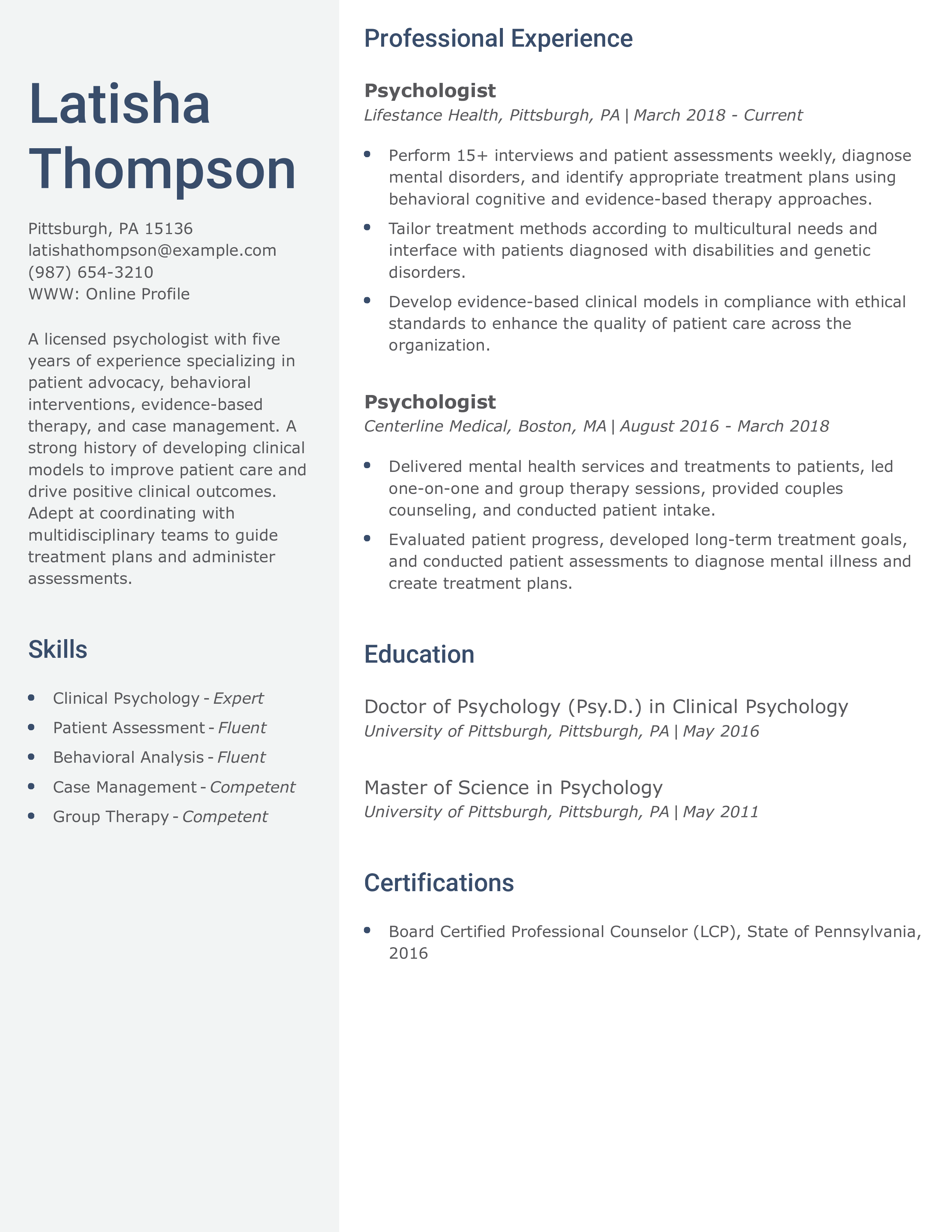 Licensed Psychologist Resume