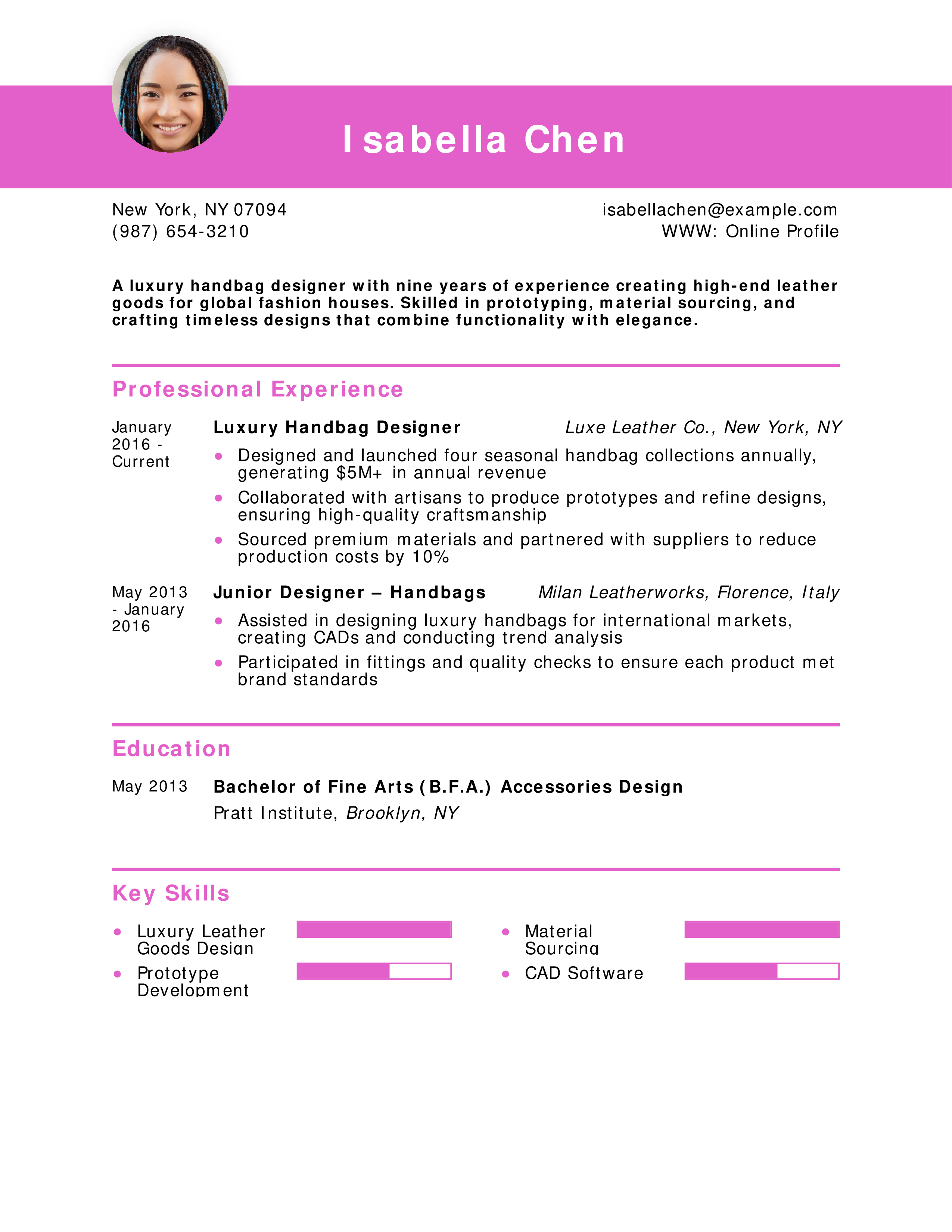 Luxury Handbag Designer Resume Example