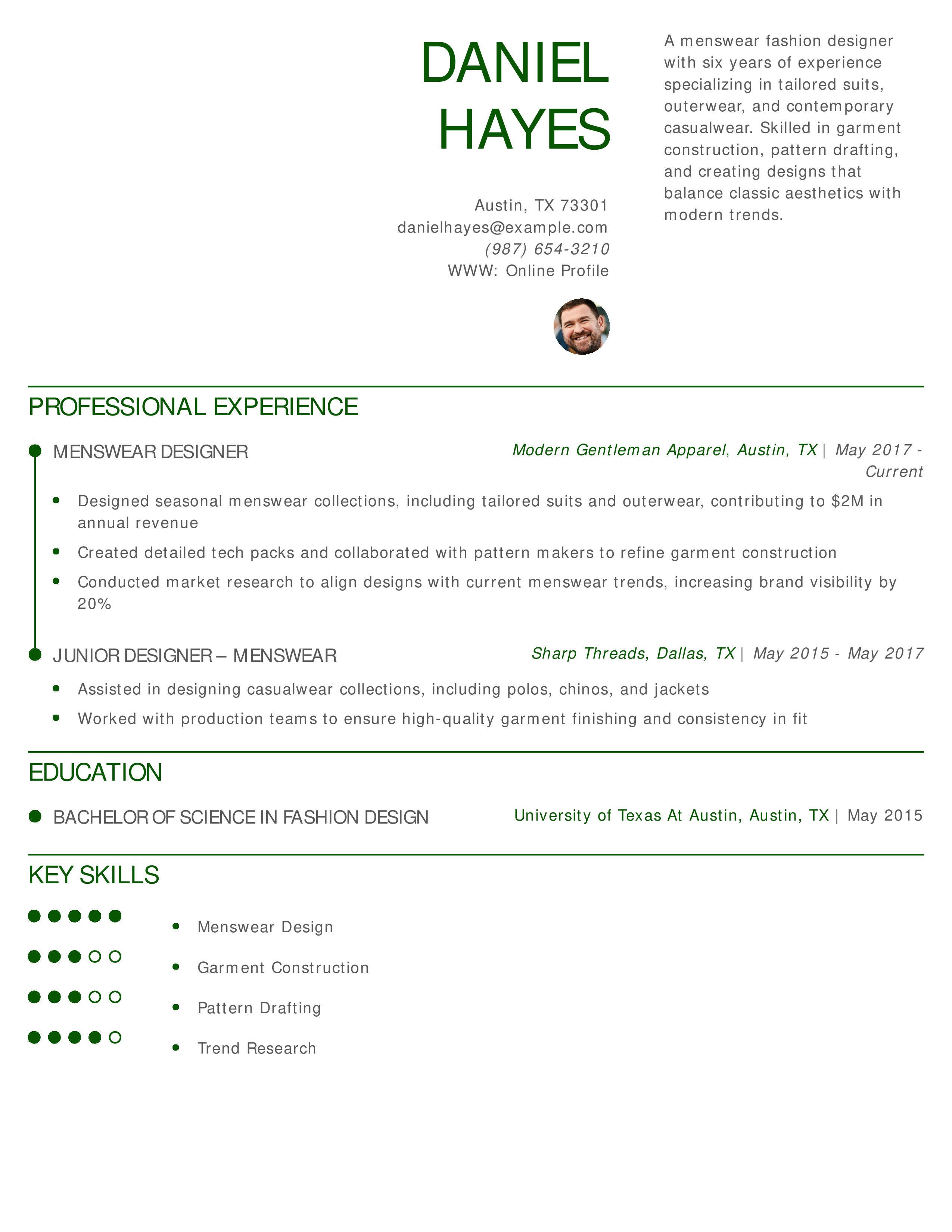 Menswear Fashion Designer Resume Example