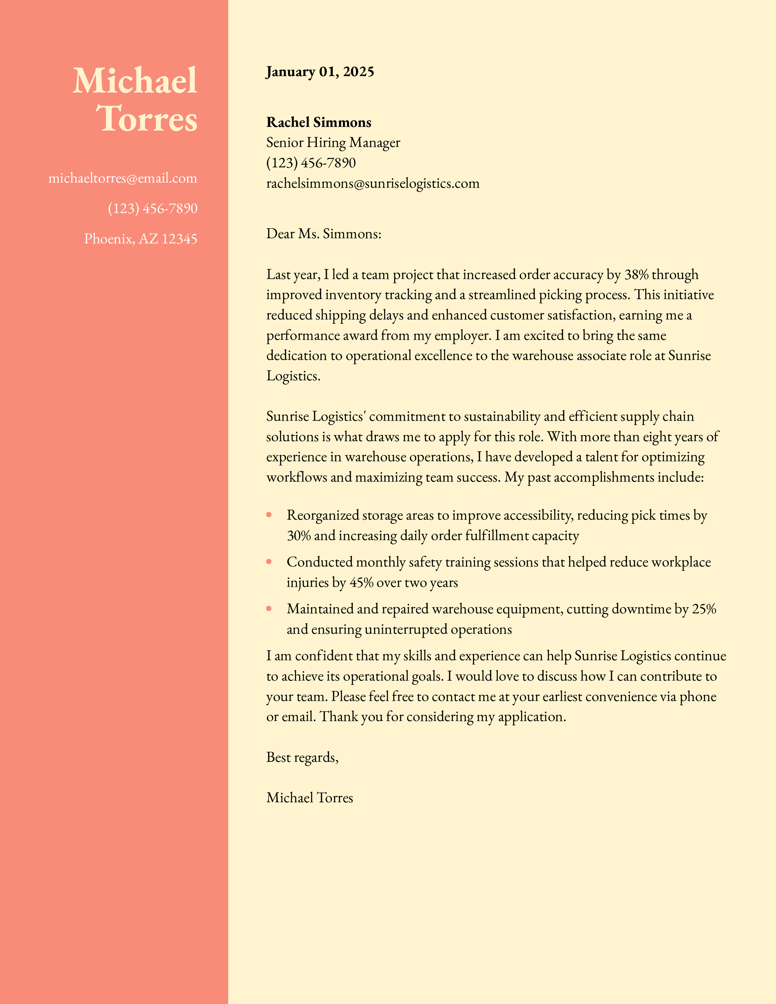 Operational Excellence Warehouse Worker Cover Letter
