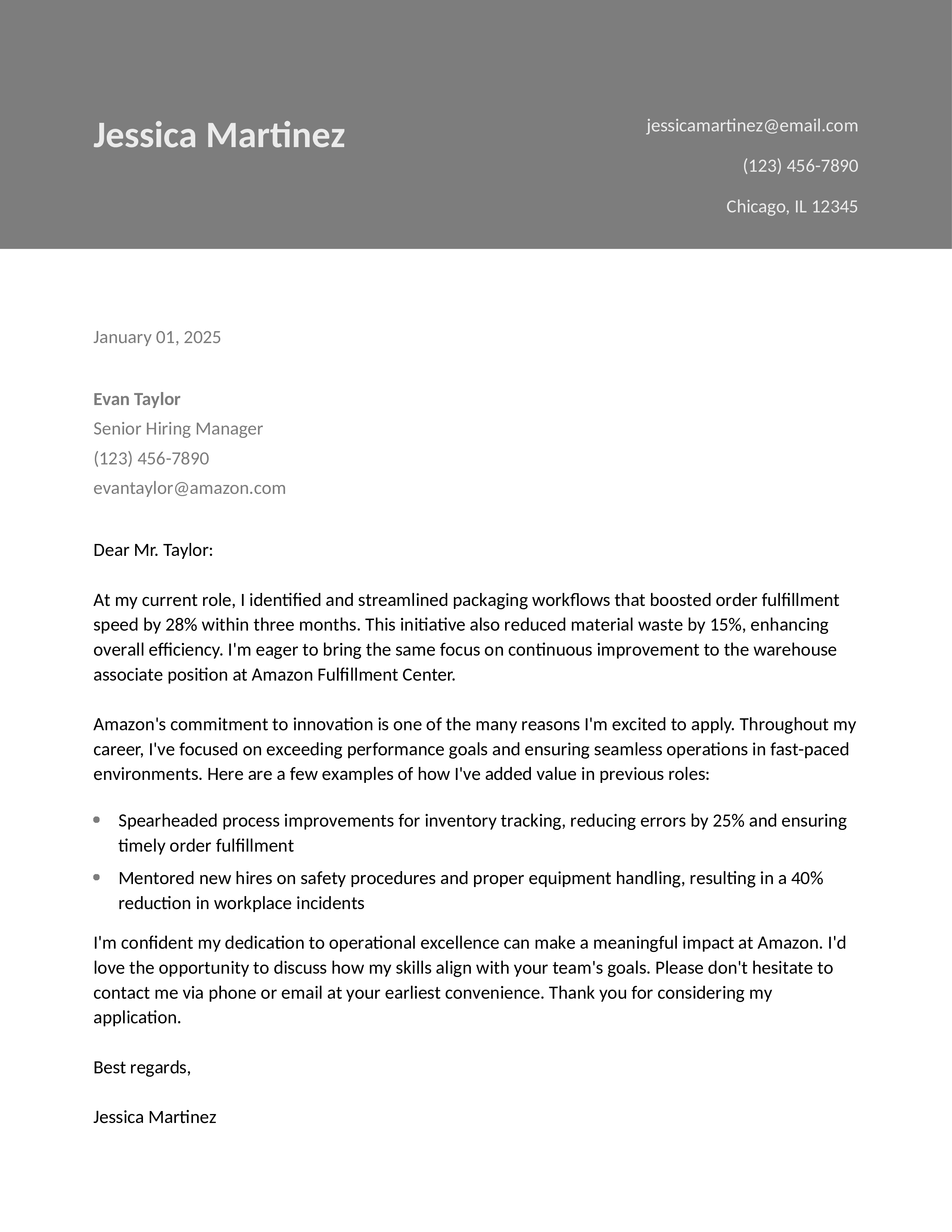 Process-Improvement Warehouse Associate Cover Letter