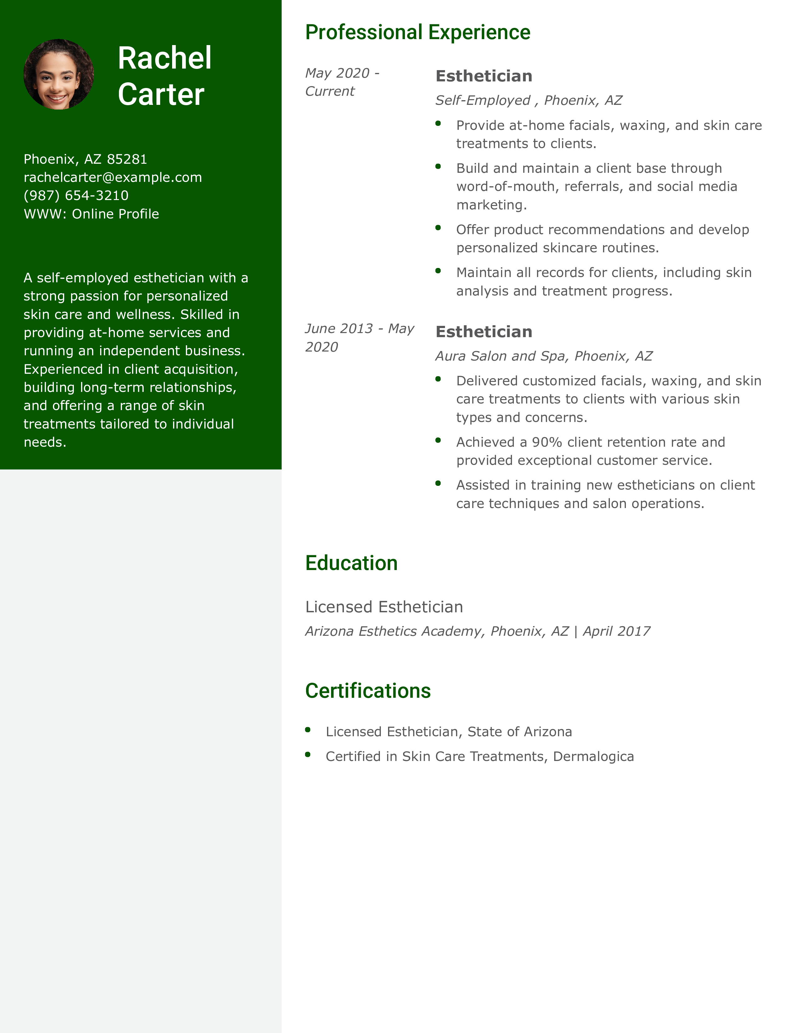 Self-Employed Esthetician Resume