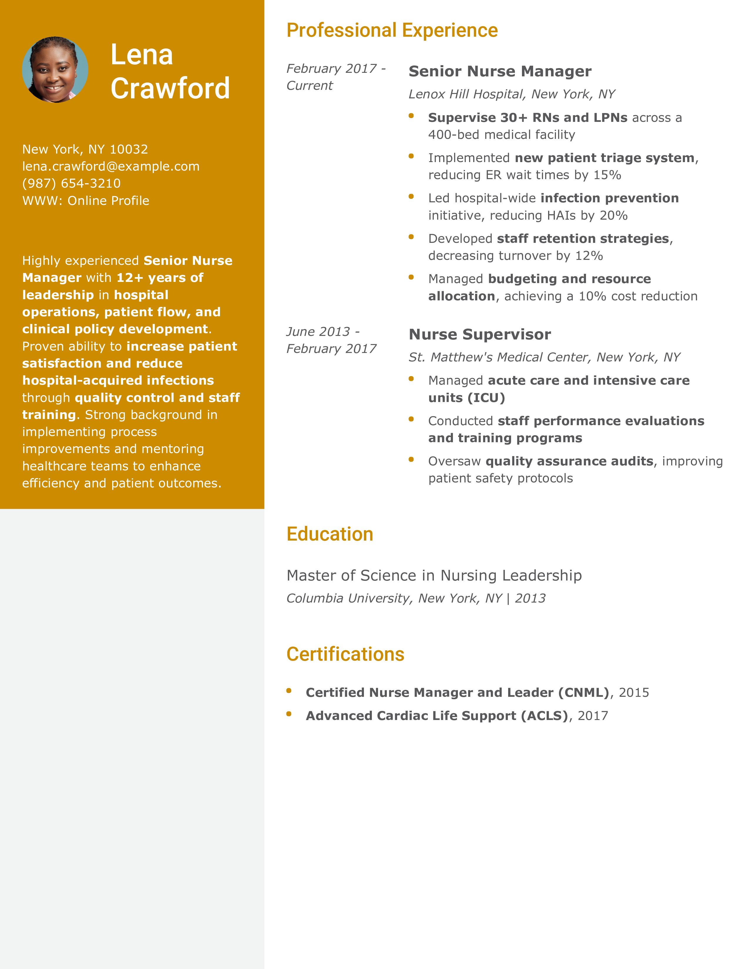 Senior Nurse Manager Resume