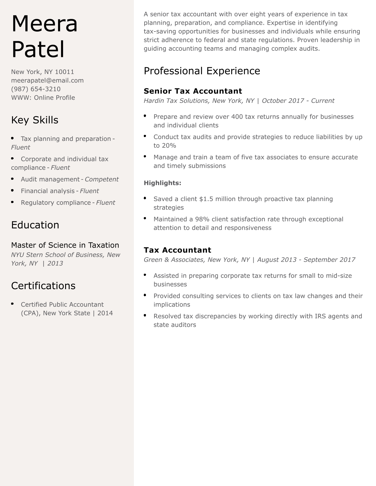 Senior Tax Accountant Resume Example