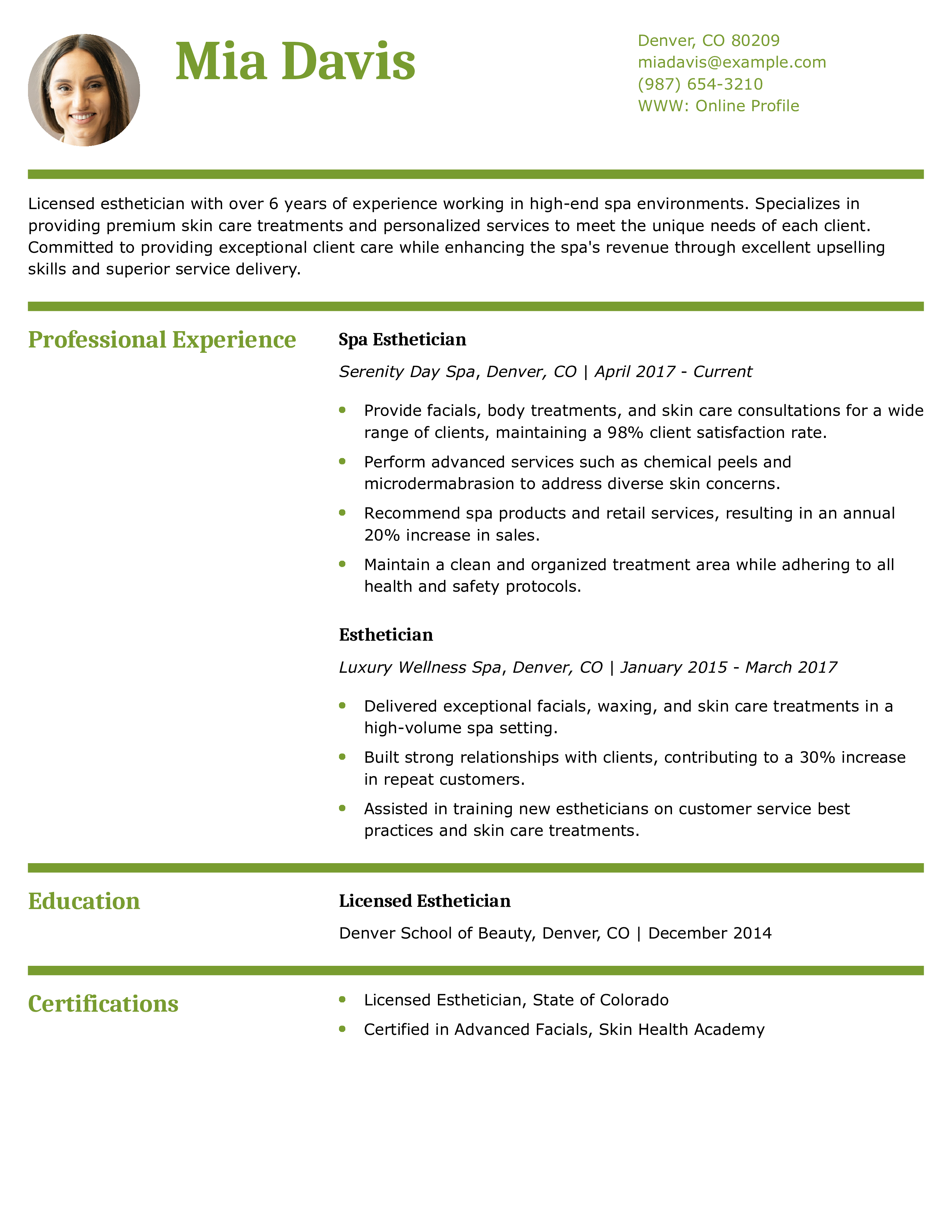 Spa Esthetician Resume