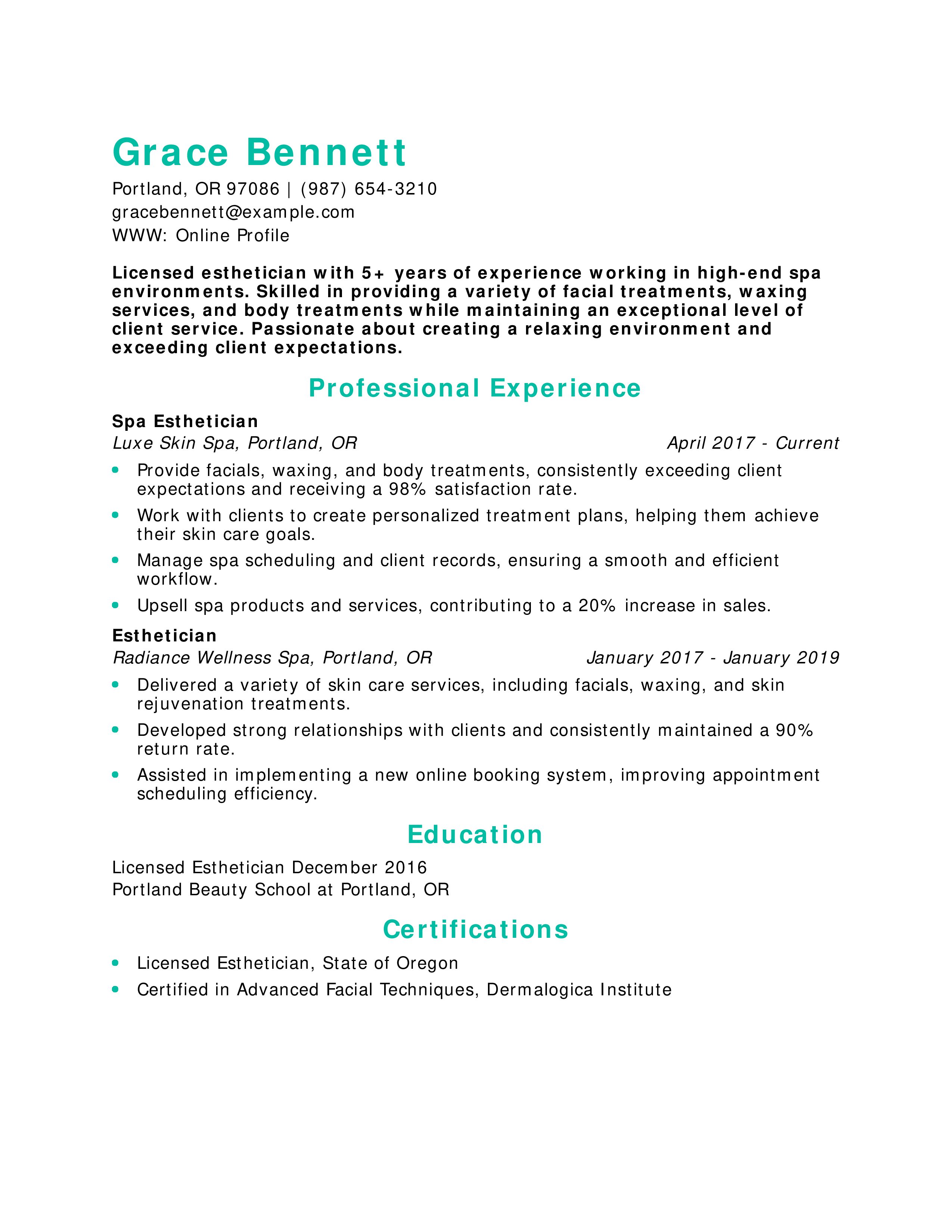 Spa Esthetician Resume