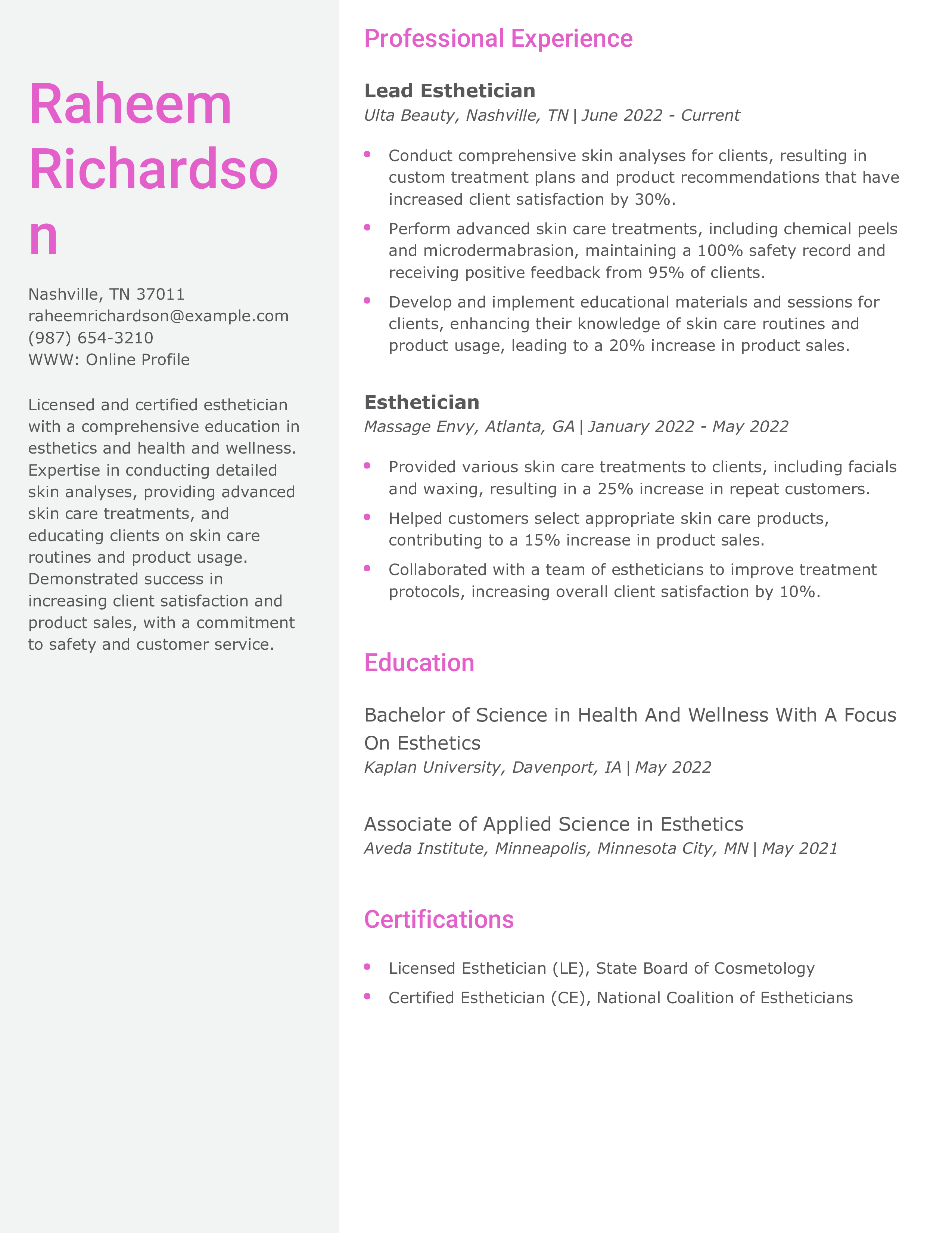 Student Esthetician Resume