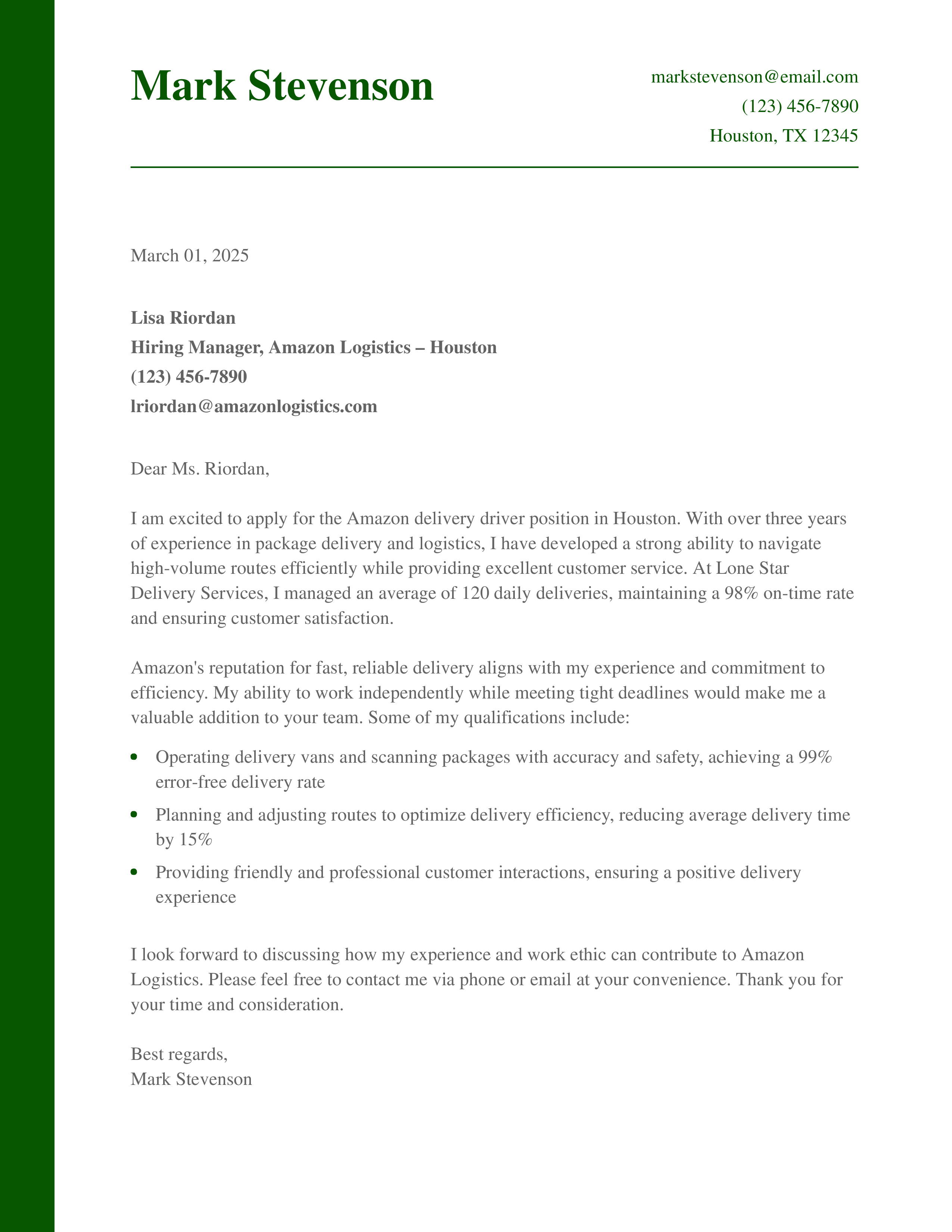 Amazon Delivery Driver Cover Letter