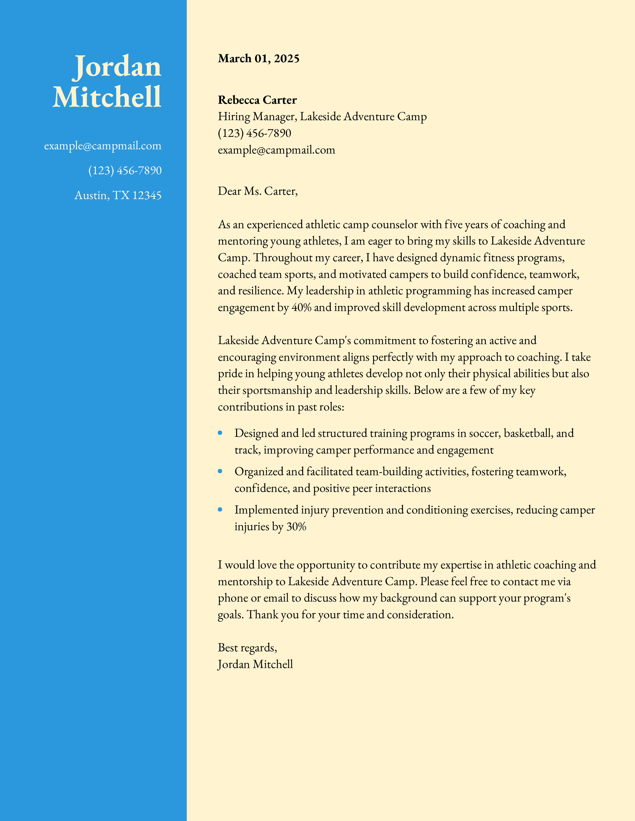 Athletic Camp Counselor Cover Letter