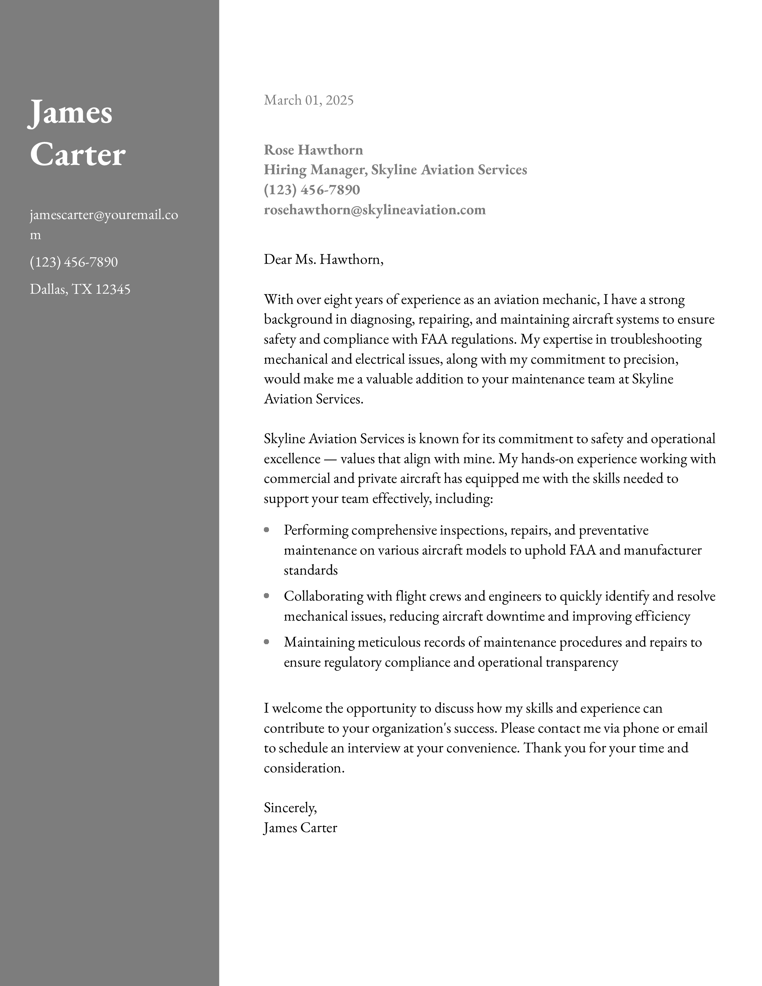 Aviation Mechanic Cover Letter
