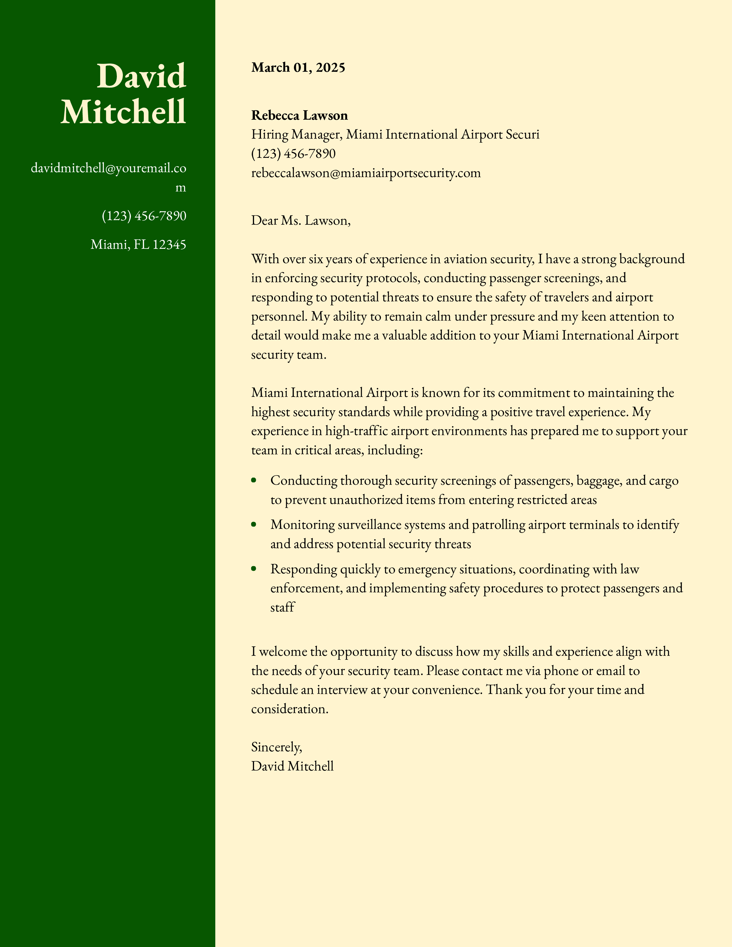 Aviation Security Officer Cover Letter