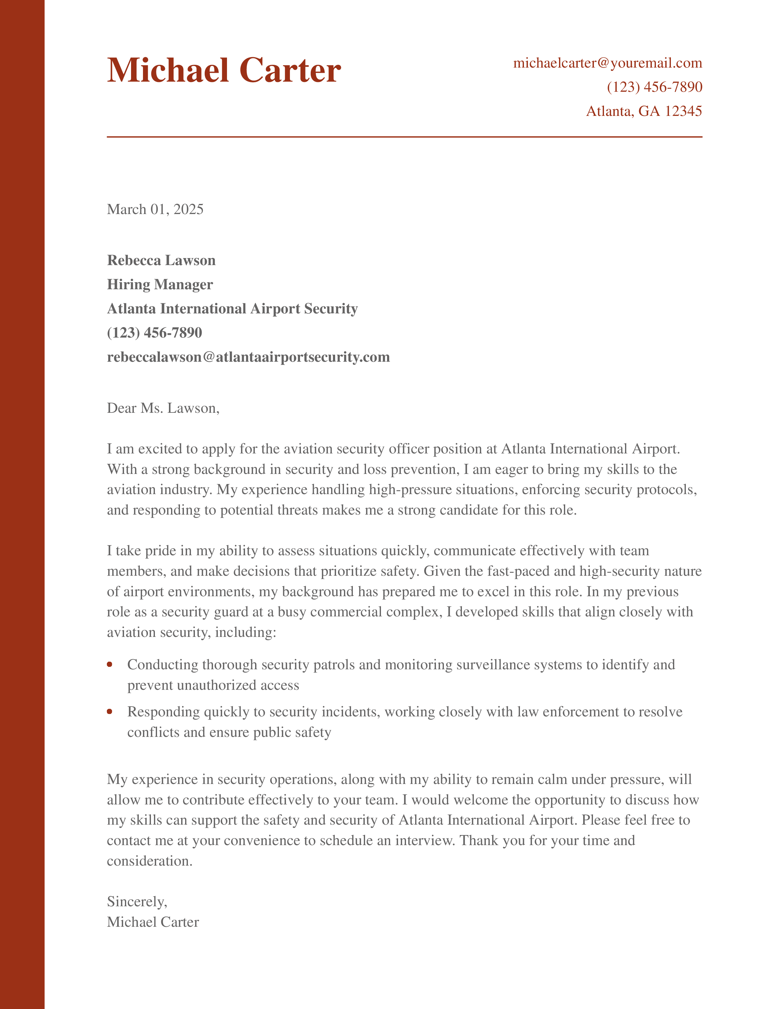 Aviation Security Officer With No Experience Cover Letter