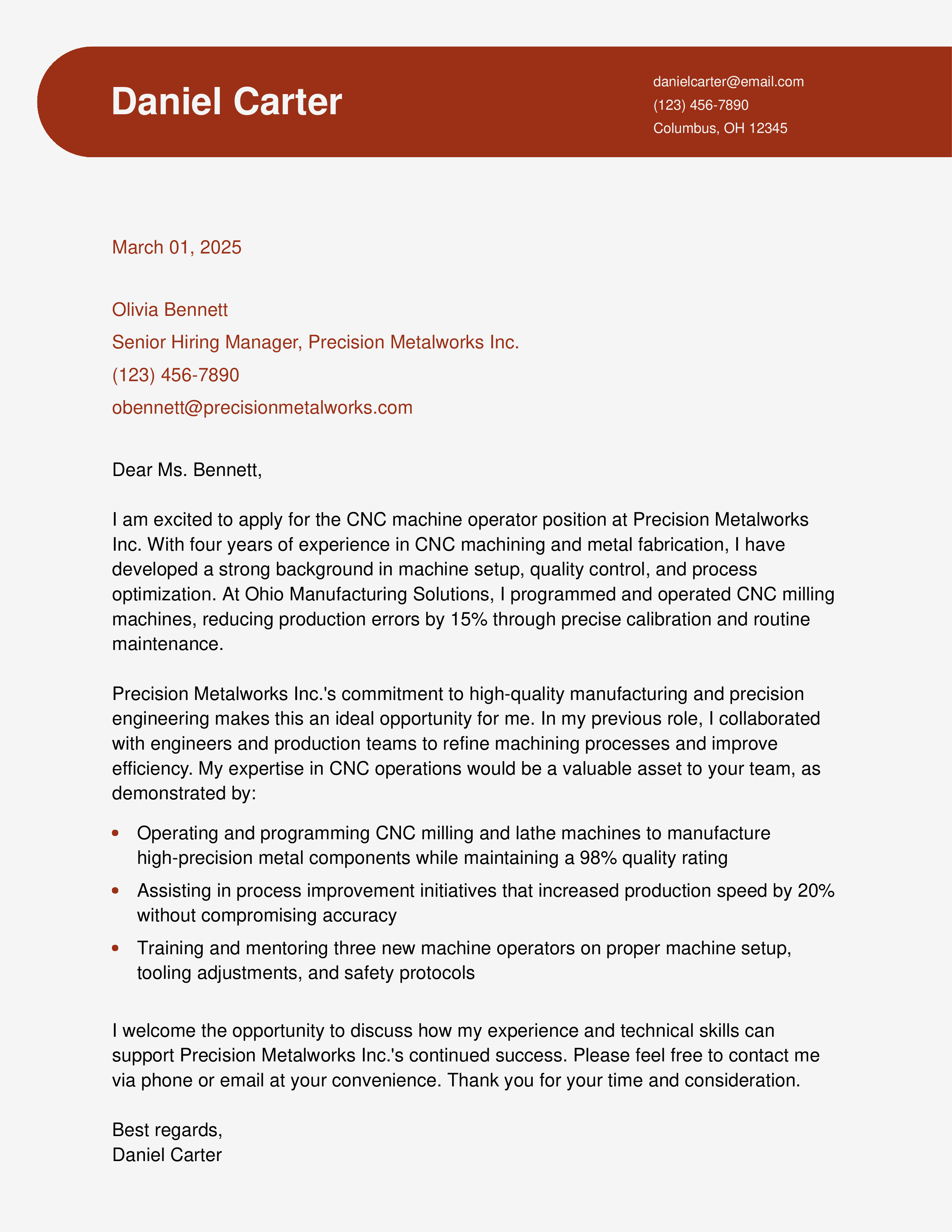 CNC Machine Operator Cover Letter
