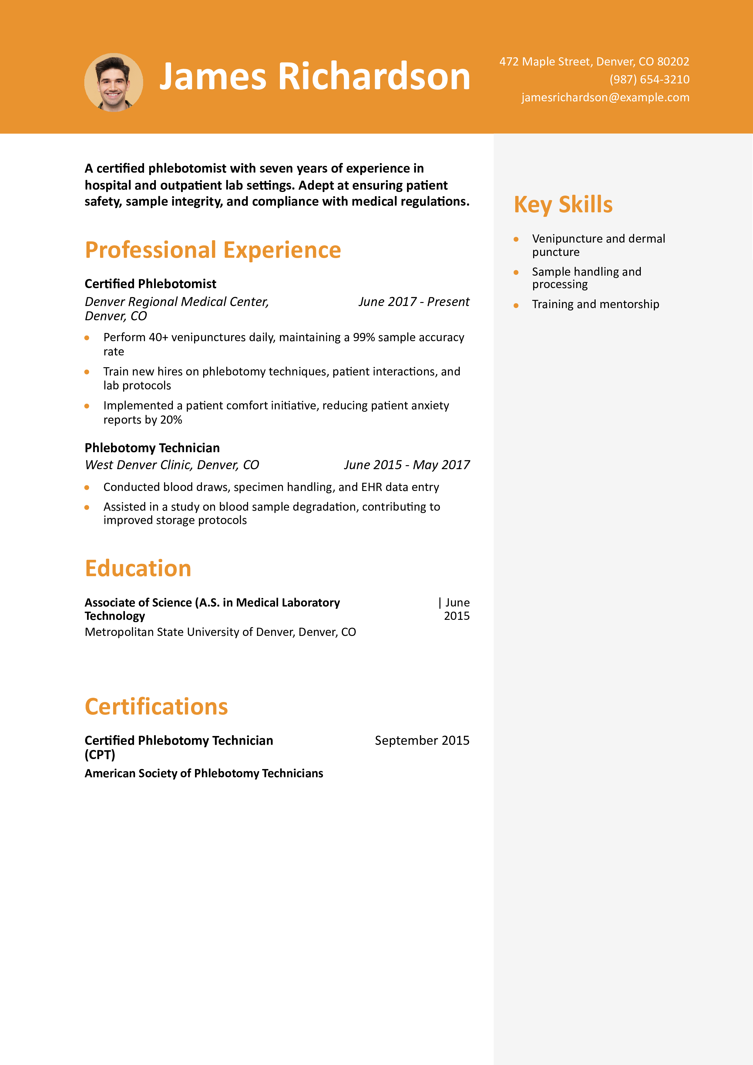 Certified Phlebotomist Resume