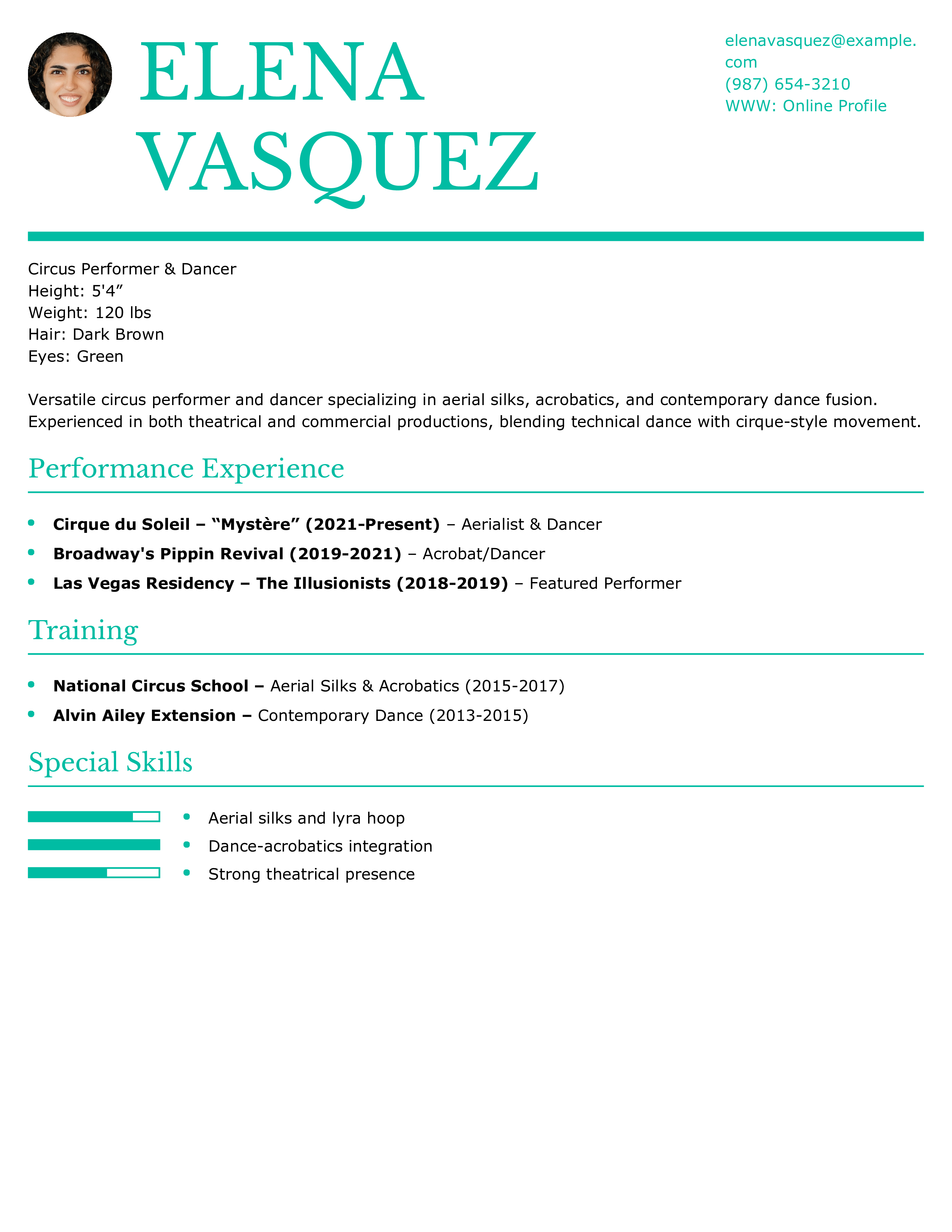 Circus Performer/Dancer Resume
