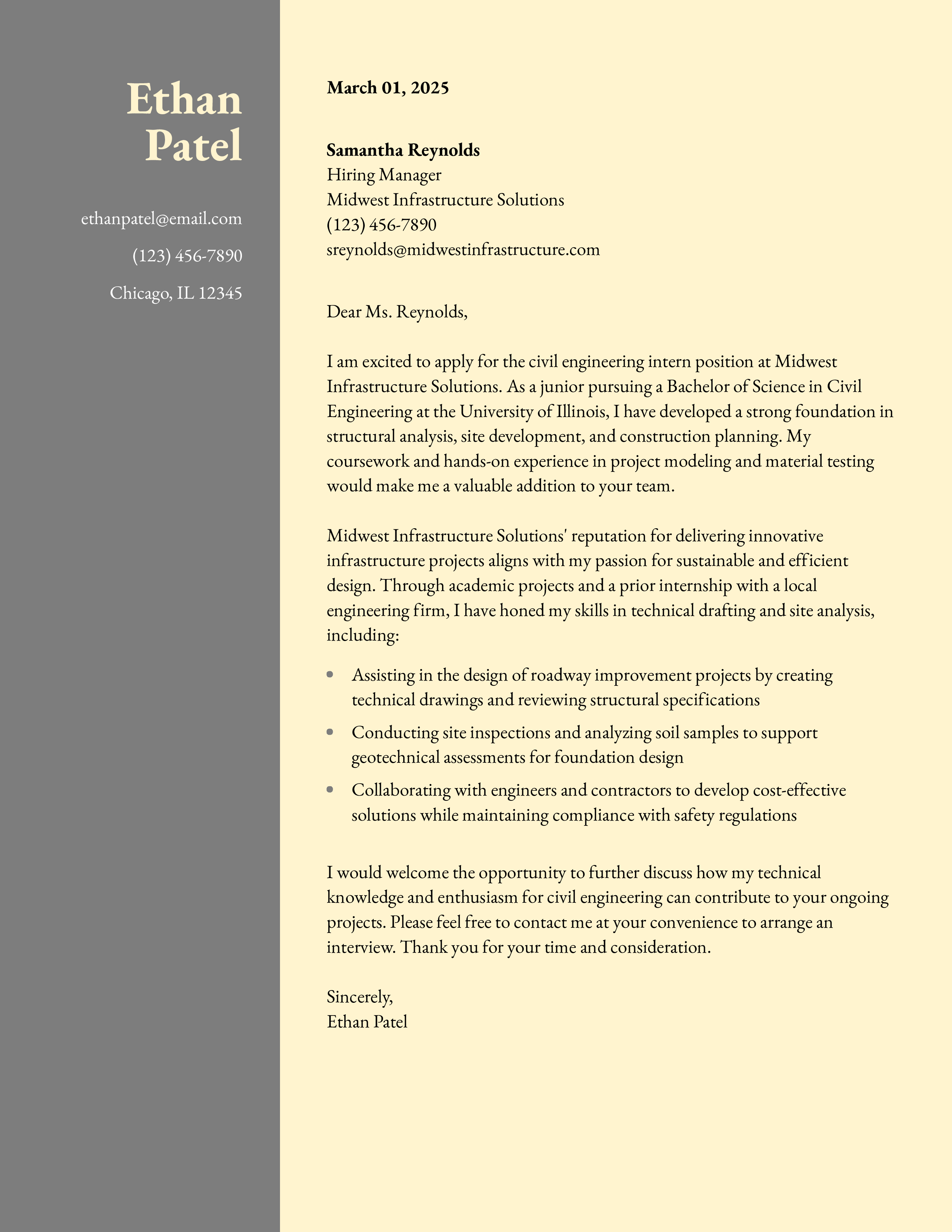 Civil Engineer Intern Cover Letter