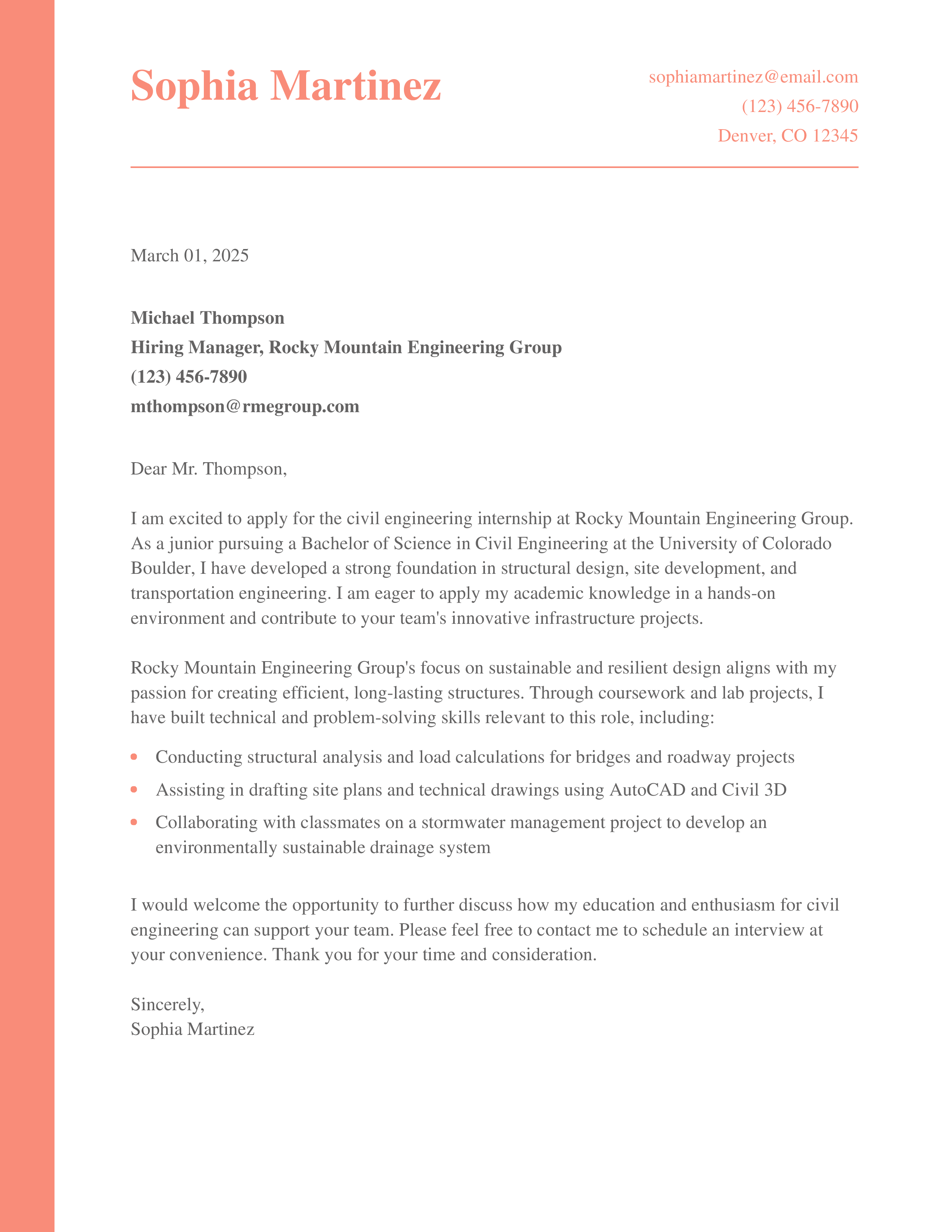 Civil Engineer Student Cover Letter