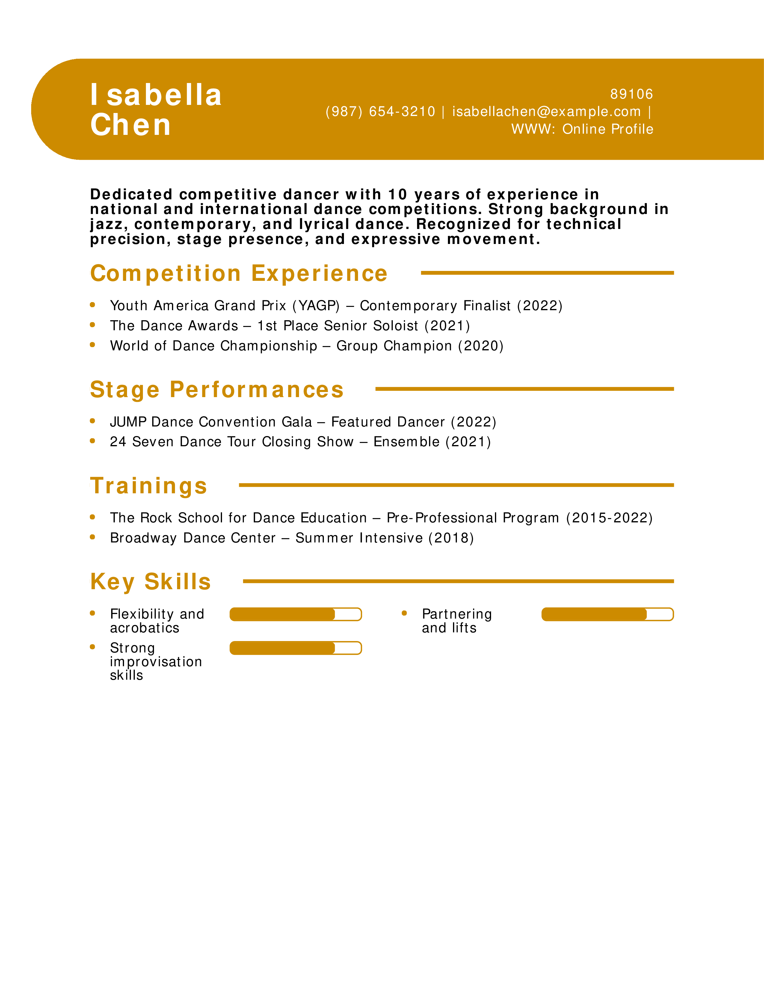 Competitive Dancer Resume