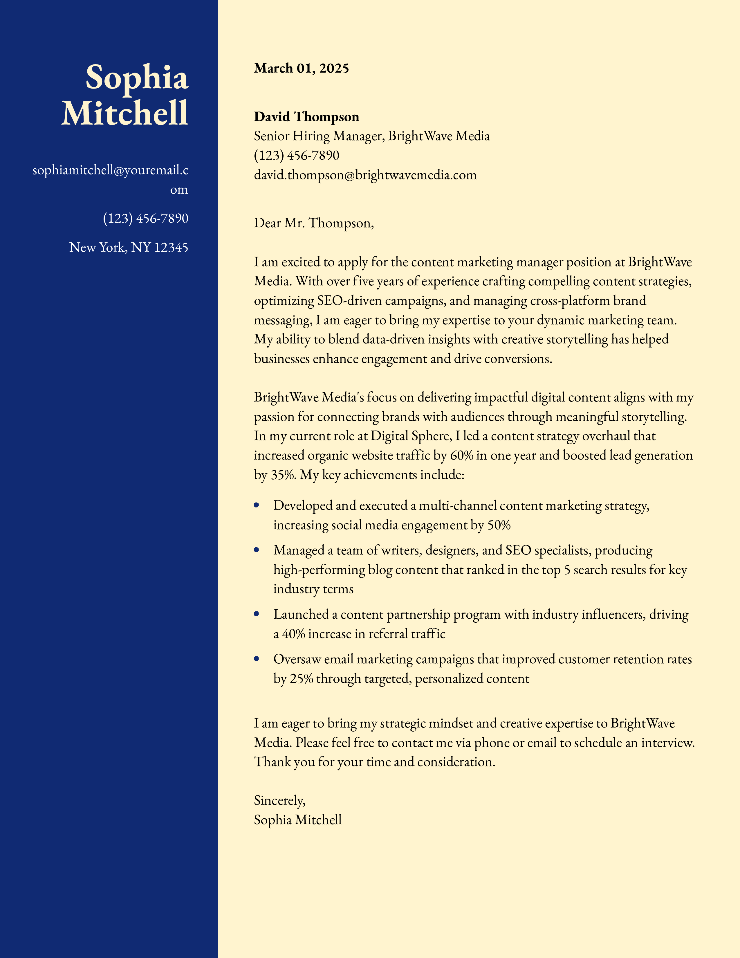 Content Marketing Manager Cover Letter